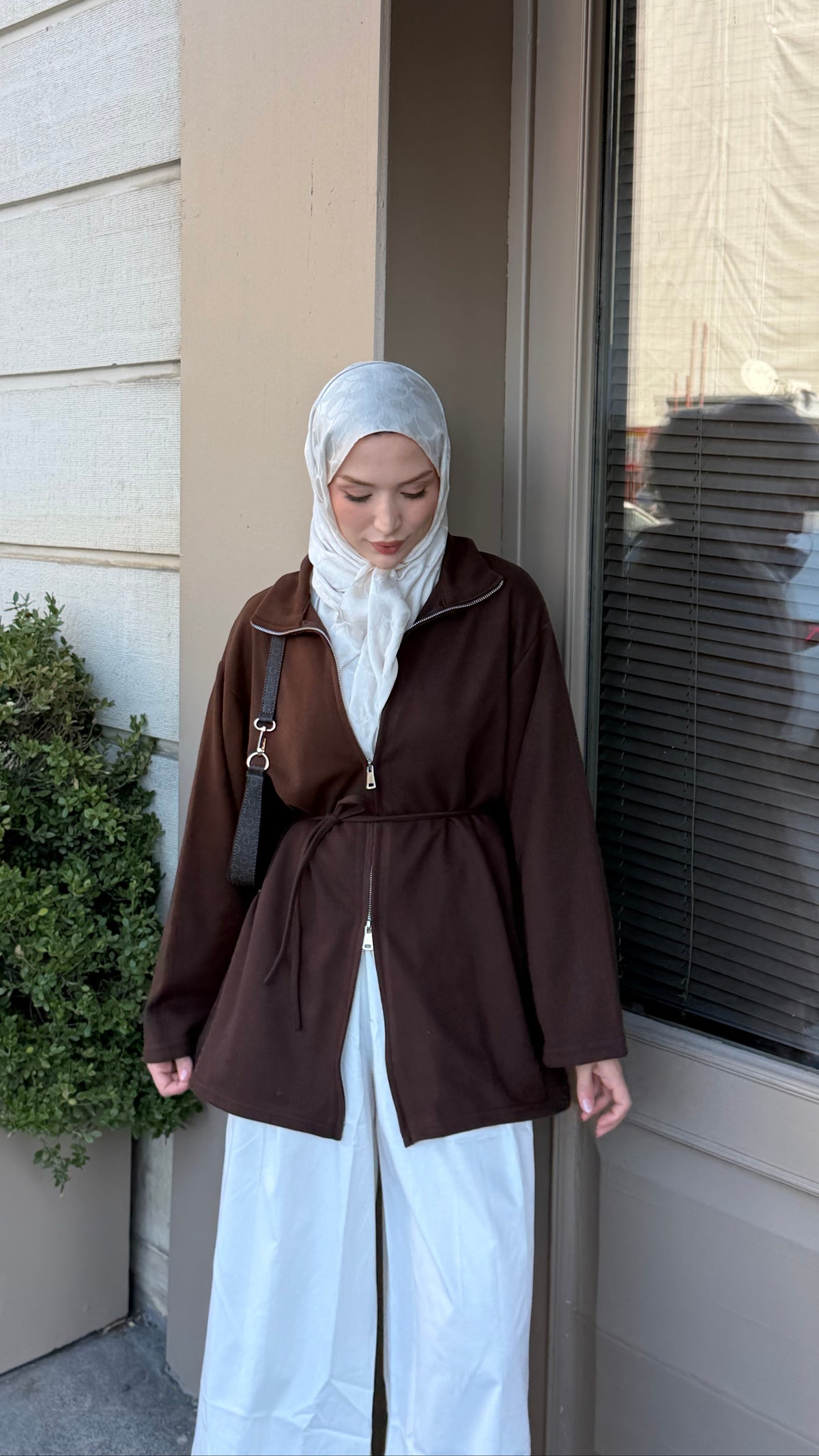 Örme Kumaş Fermuarlı Tunik Kahverengi