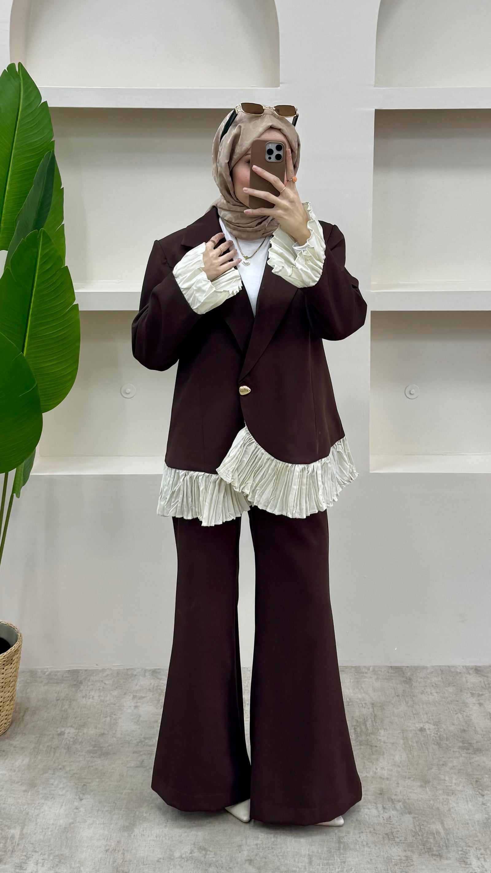 Fırfırlı Blazer Takım Acı Kahve