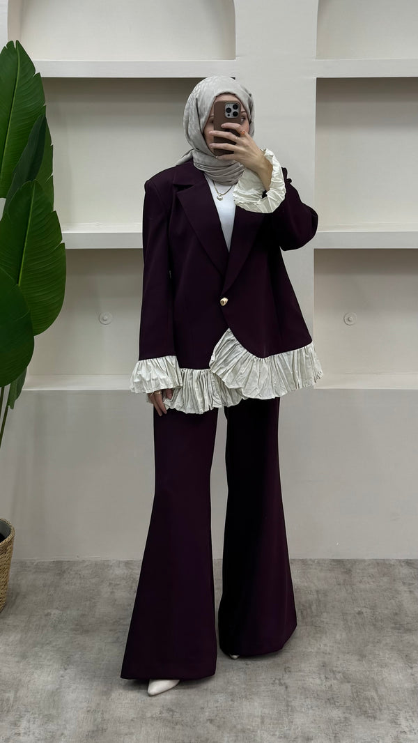 Fırfırlı Blazer Takım Bordo