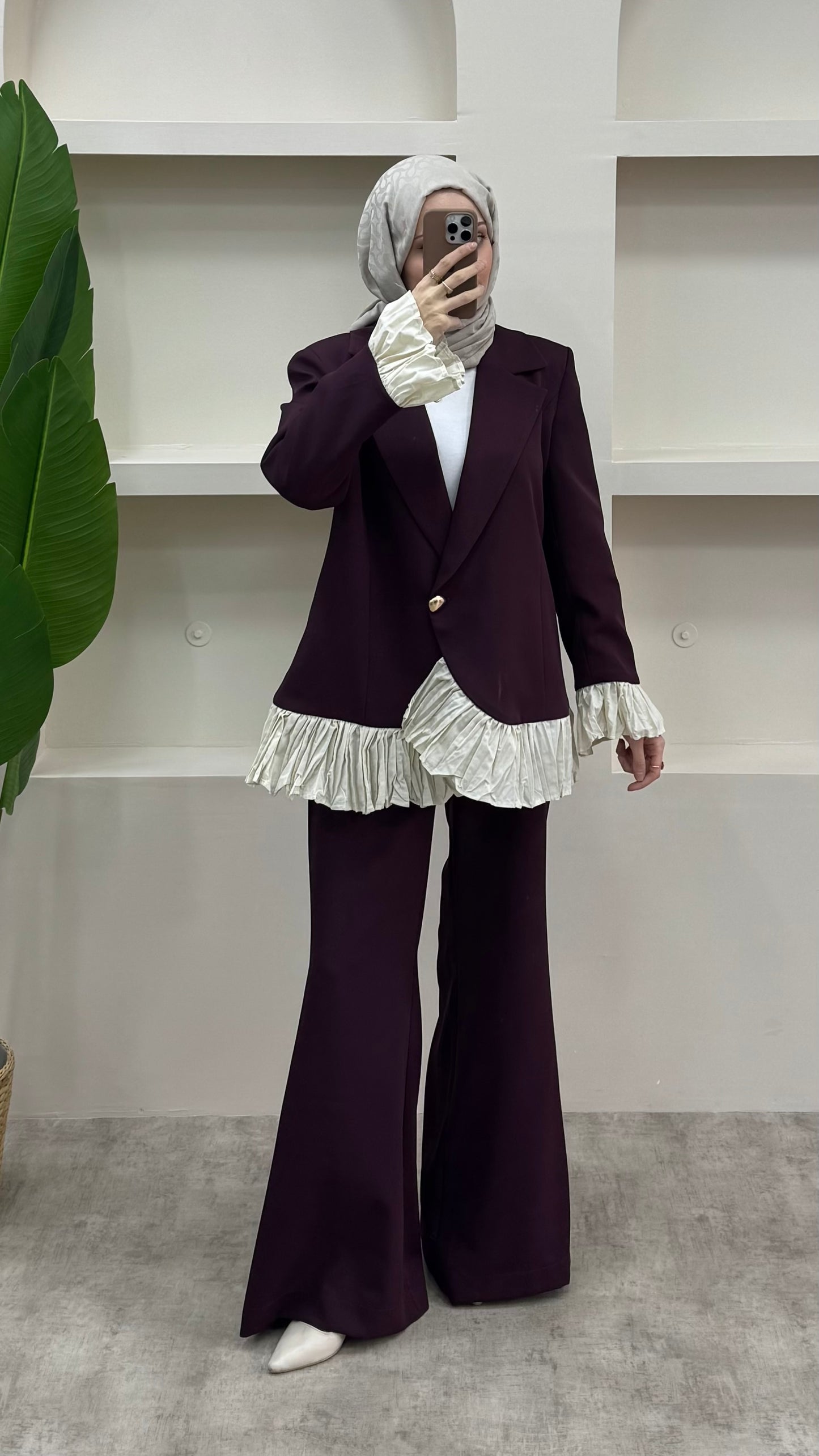 Fırfırlı Blazer Takım Bordo