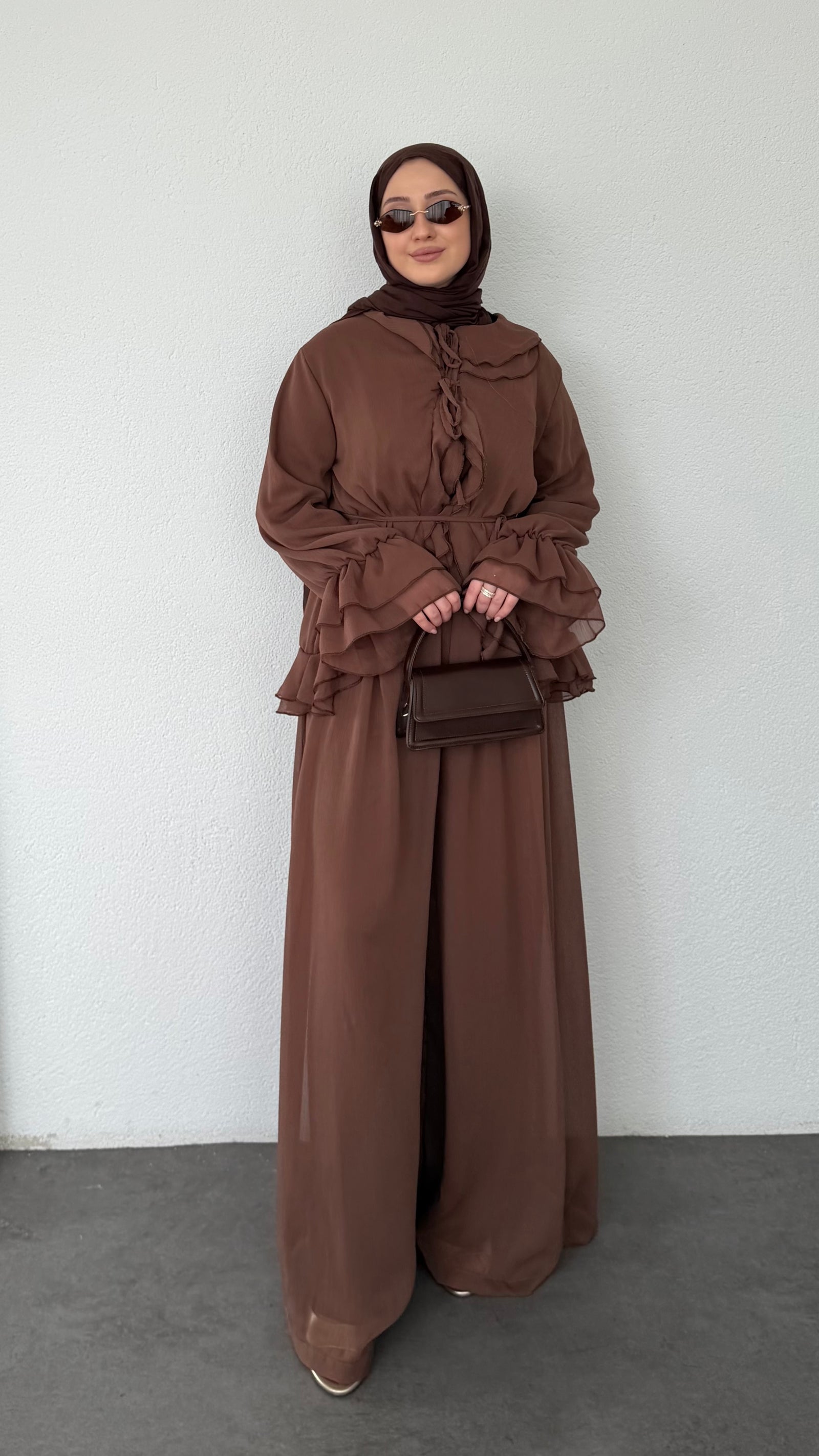Fırfır Detaylı Şifon Takım Kahverengi