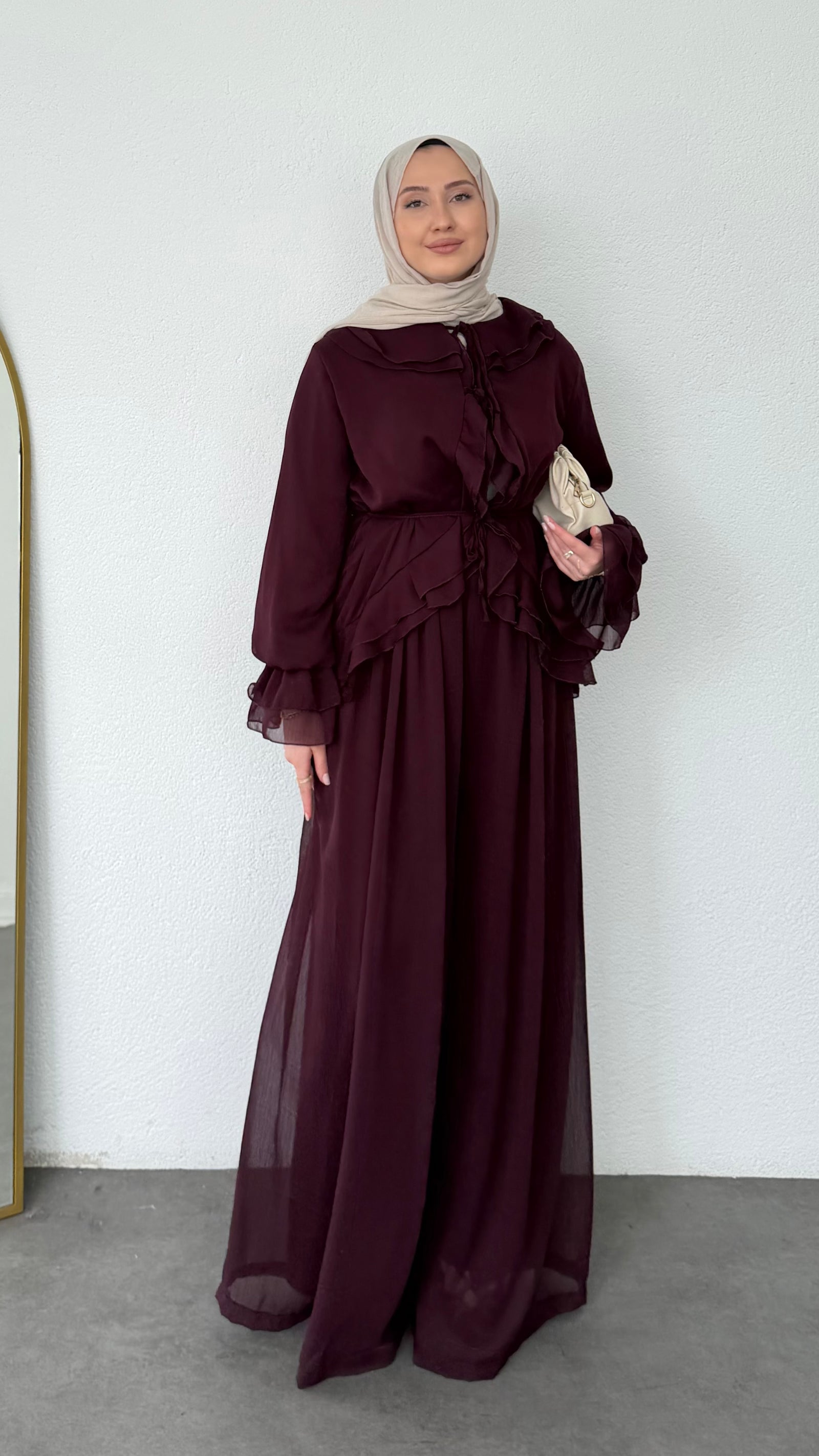 Fırfır Detaylı Şifon Takım Bordo
