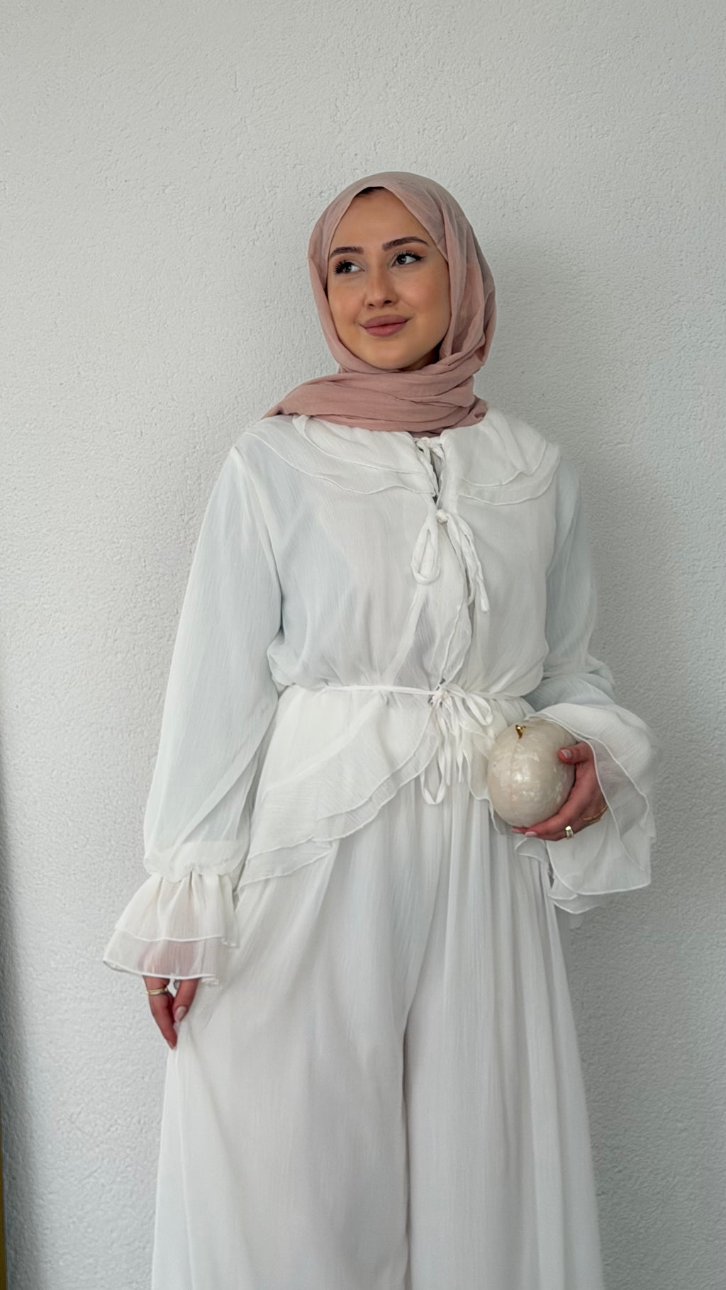 Fırfır Detaylı Şifon Takım Beyaz