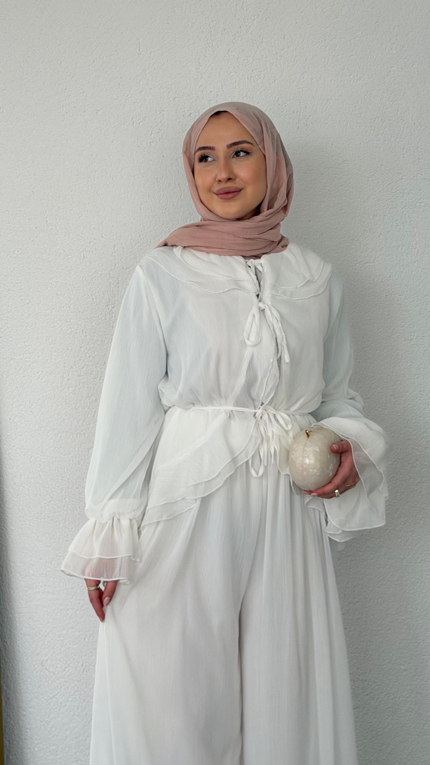 Fırfır Detaylı Şifon Takım Beyaz
