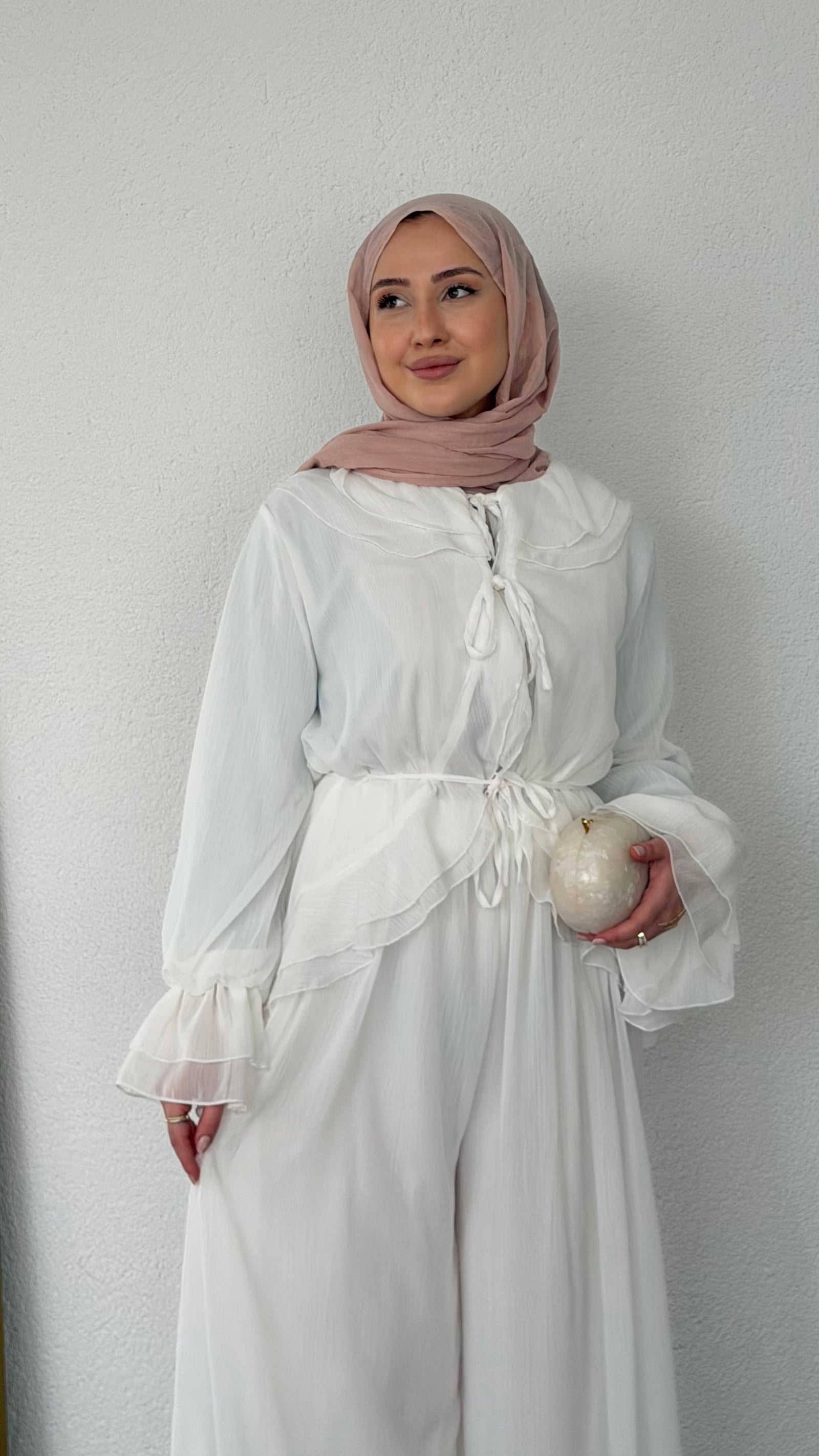 Fırfır Detaylı Şifon Takım Beyaz