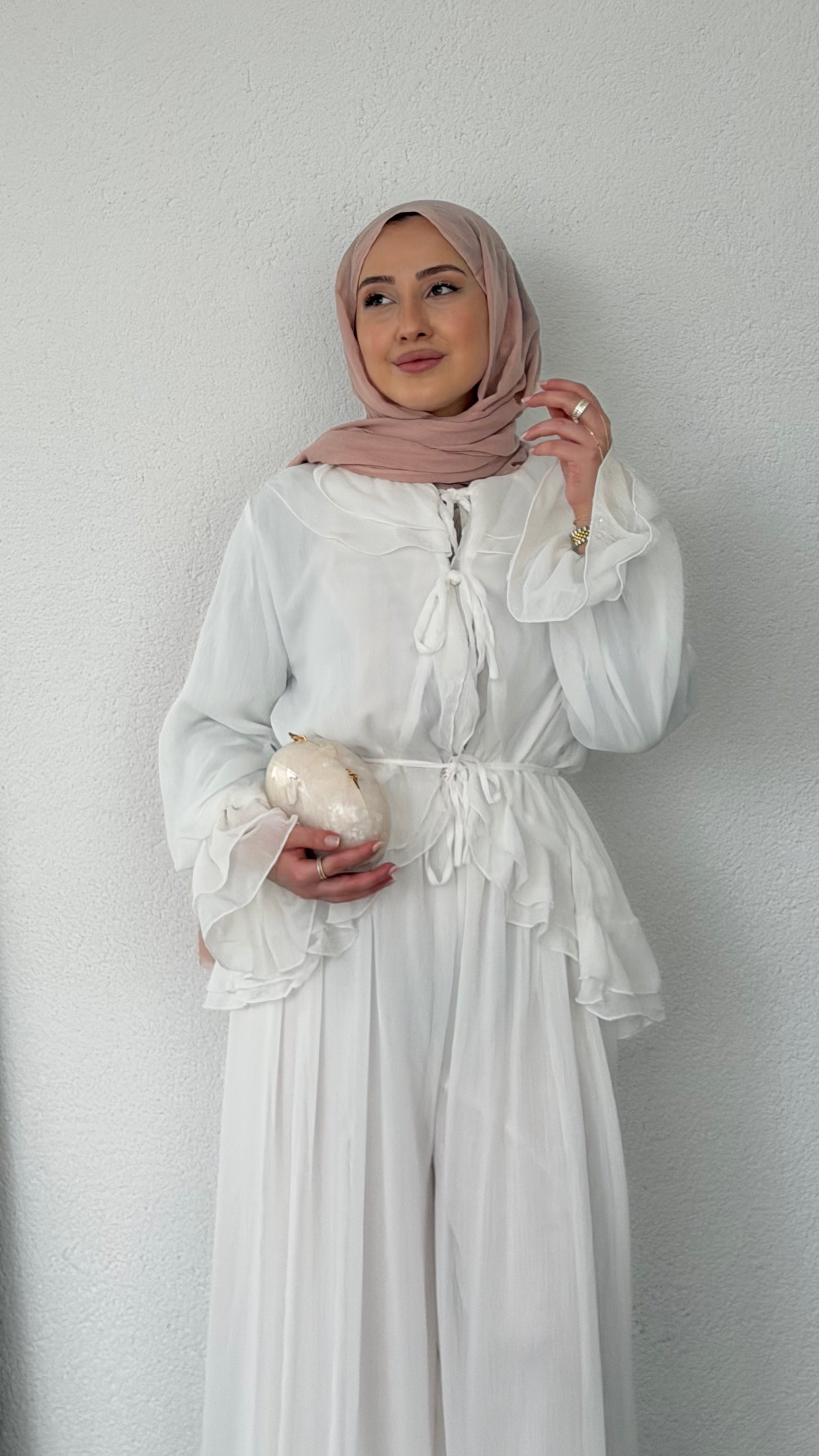 Fırfır Detaylı Şifon Takım Beyaz