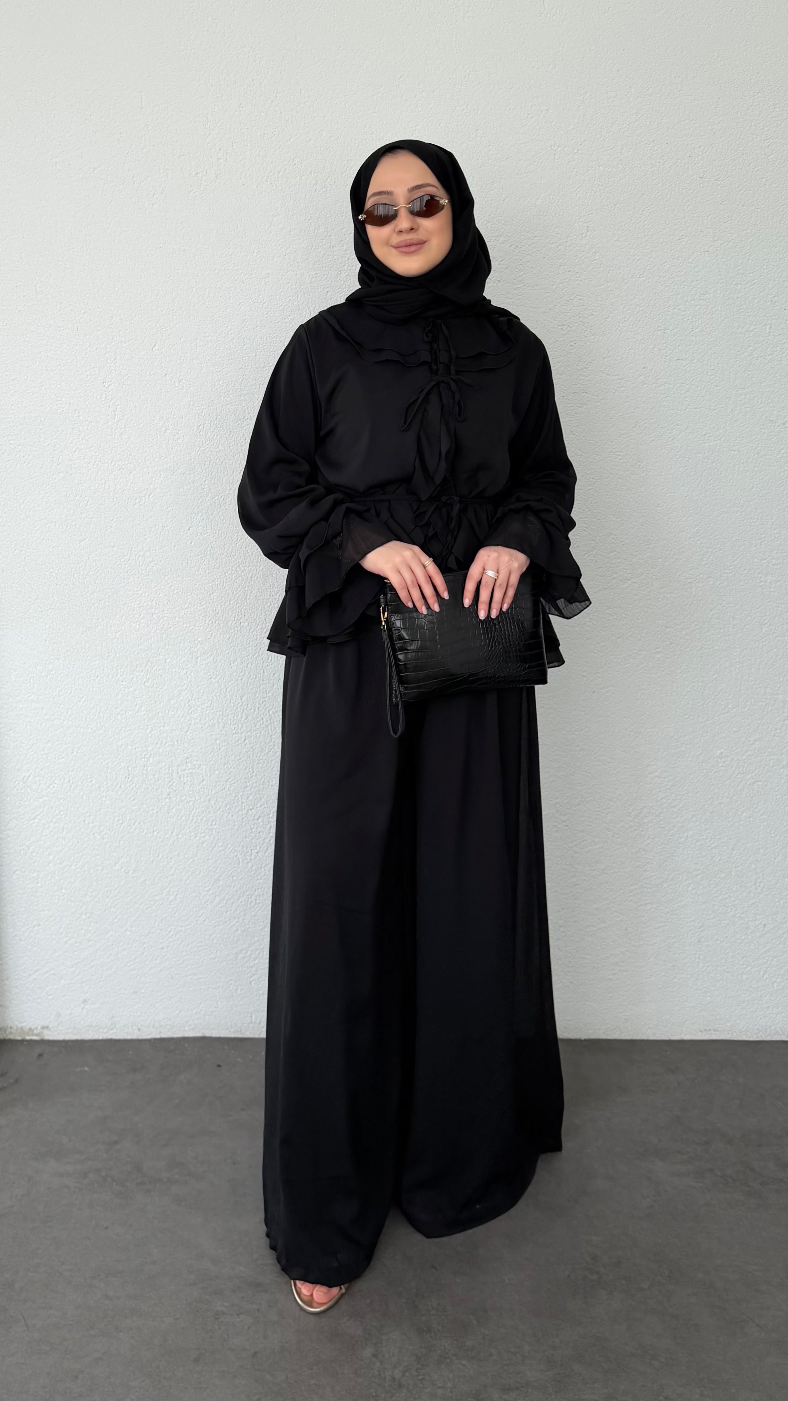 Fırfır Detaylı Şifon Takım Siyah