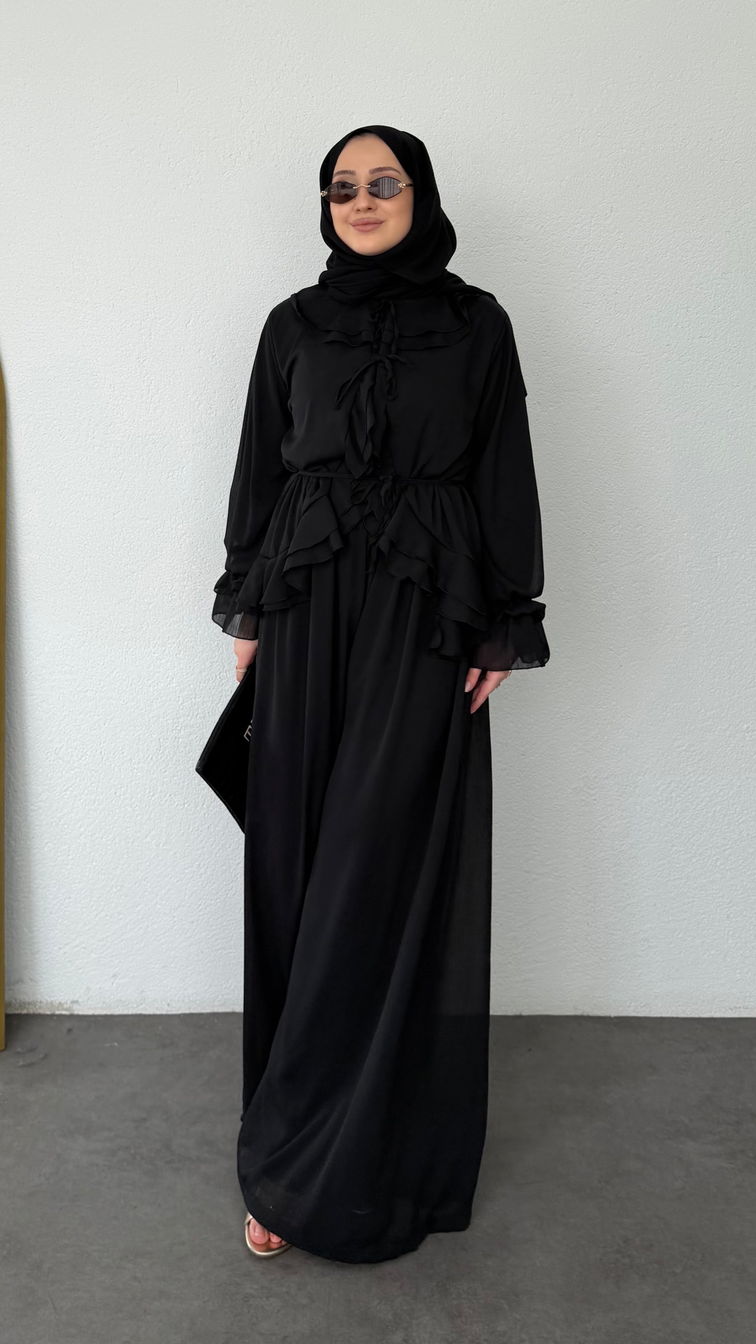 Fırfır Detaylı Şifon Takım Siyah