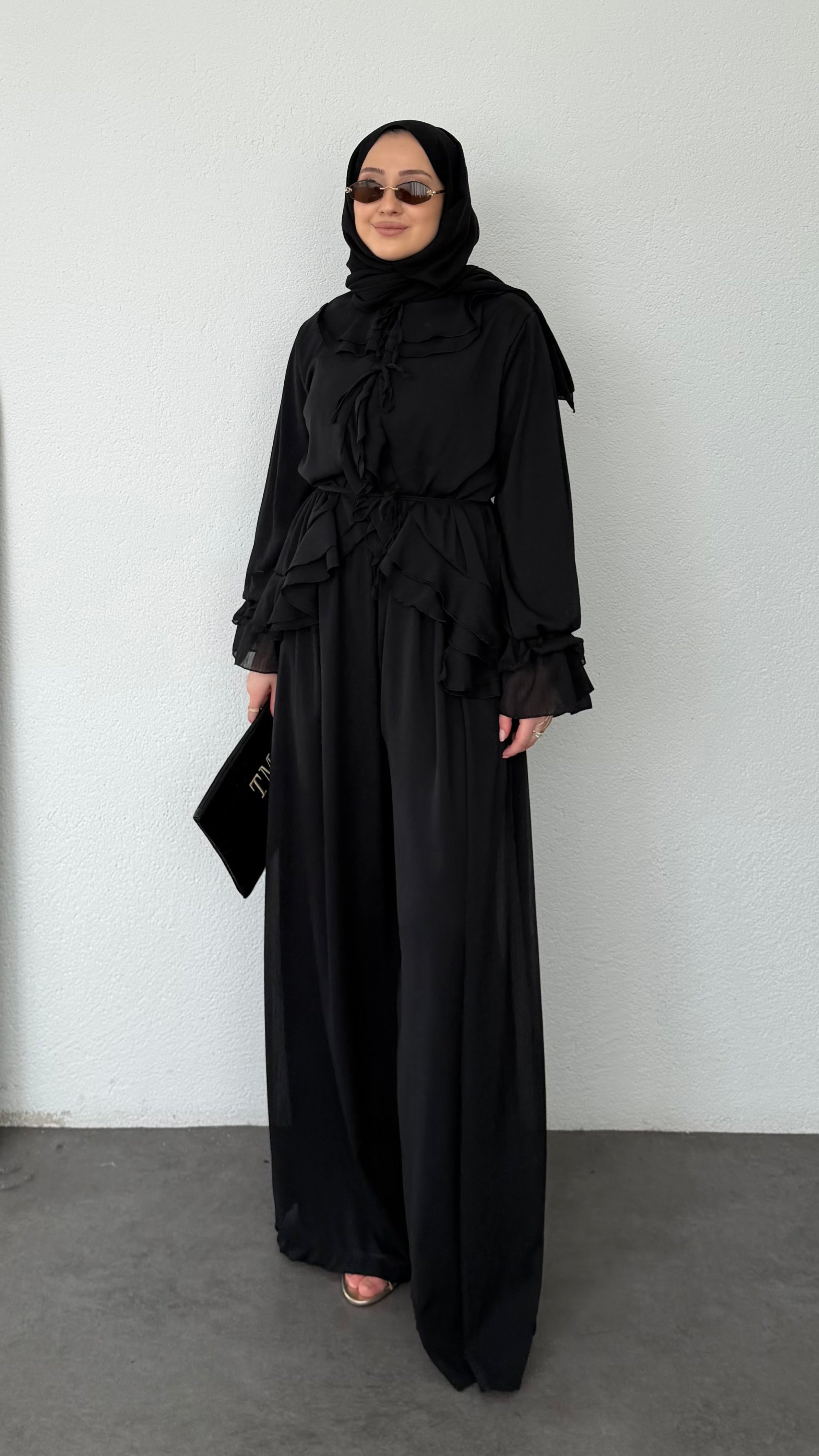 Fırfır Detaylı Şifon Takım Siyah