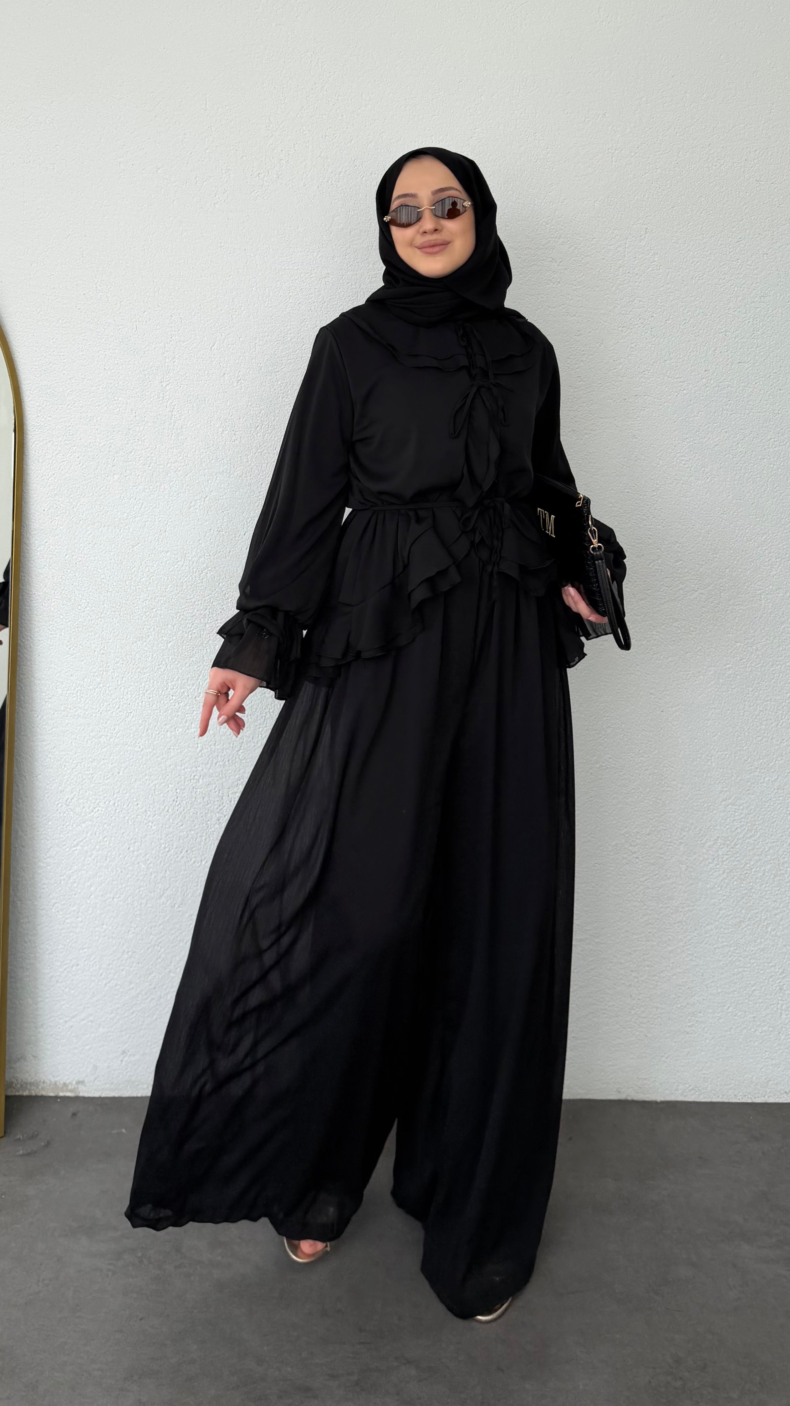 Fırfır Detaylı Şifon Takım Siyah