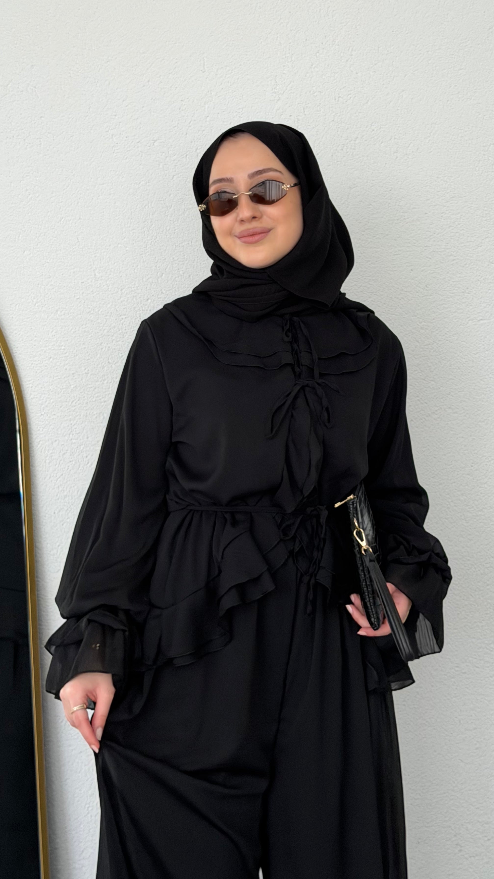 Fırfır Detaylı Şifon Takım Siyah