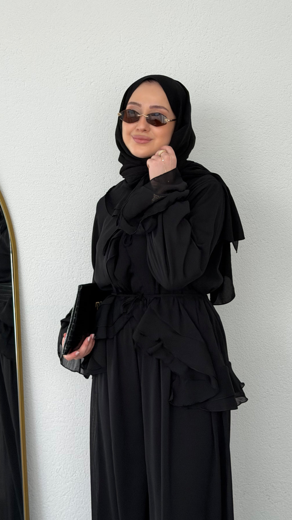 Fırfır Detaylı Şifon Takım Siyah