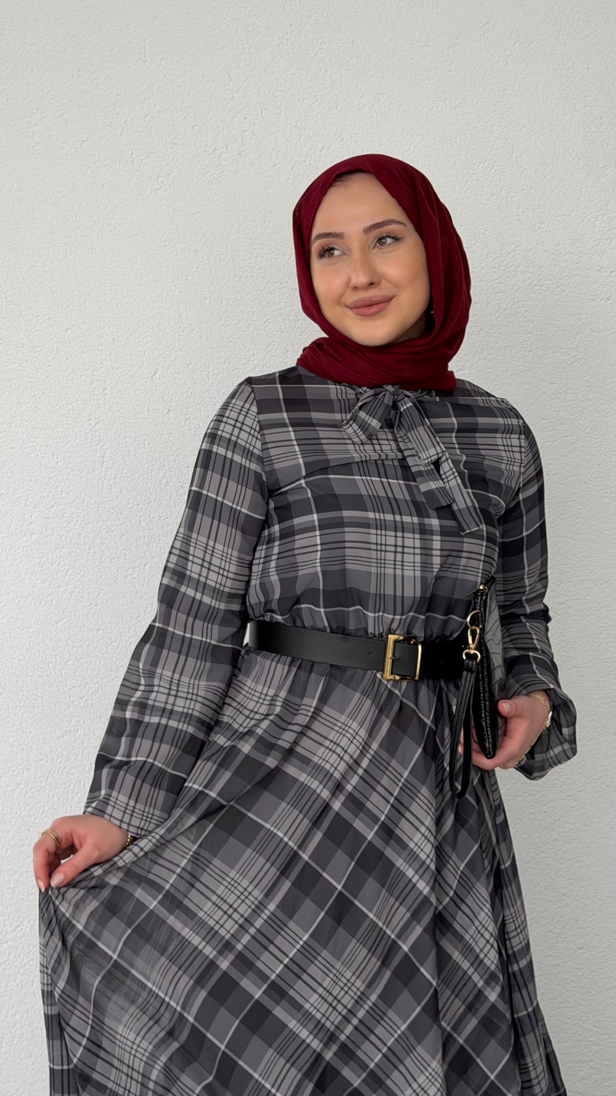 Ekose Desenli Şifon Elbise Gri
