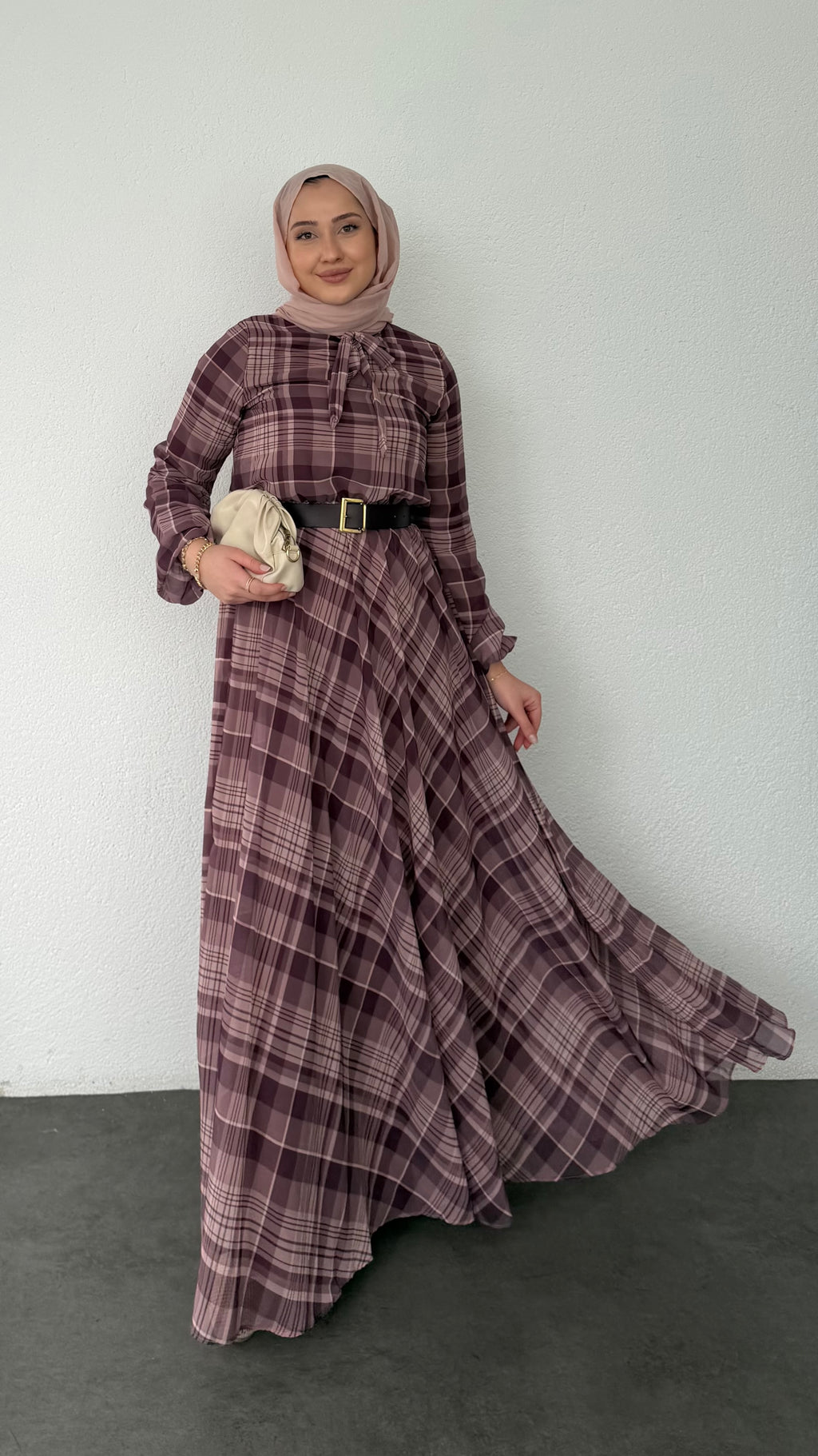 Ekose Desenli Şifon Elbise Bordo