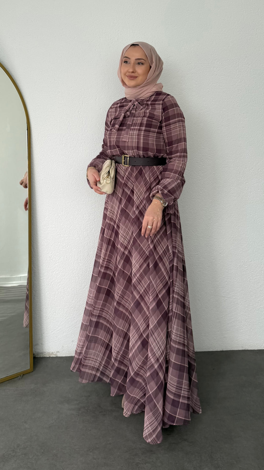 Ekose Desenli Şifon Elbise Bordo