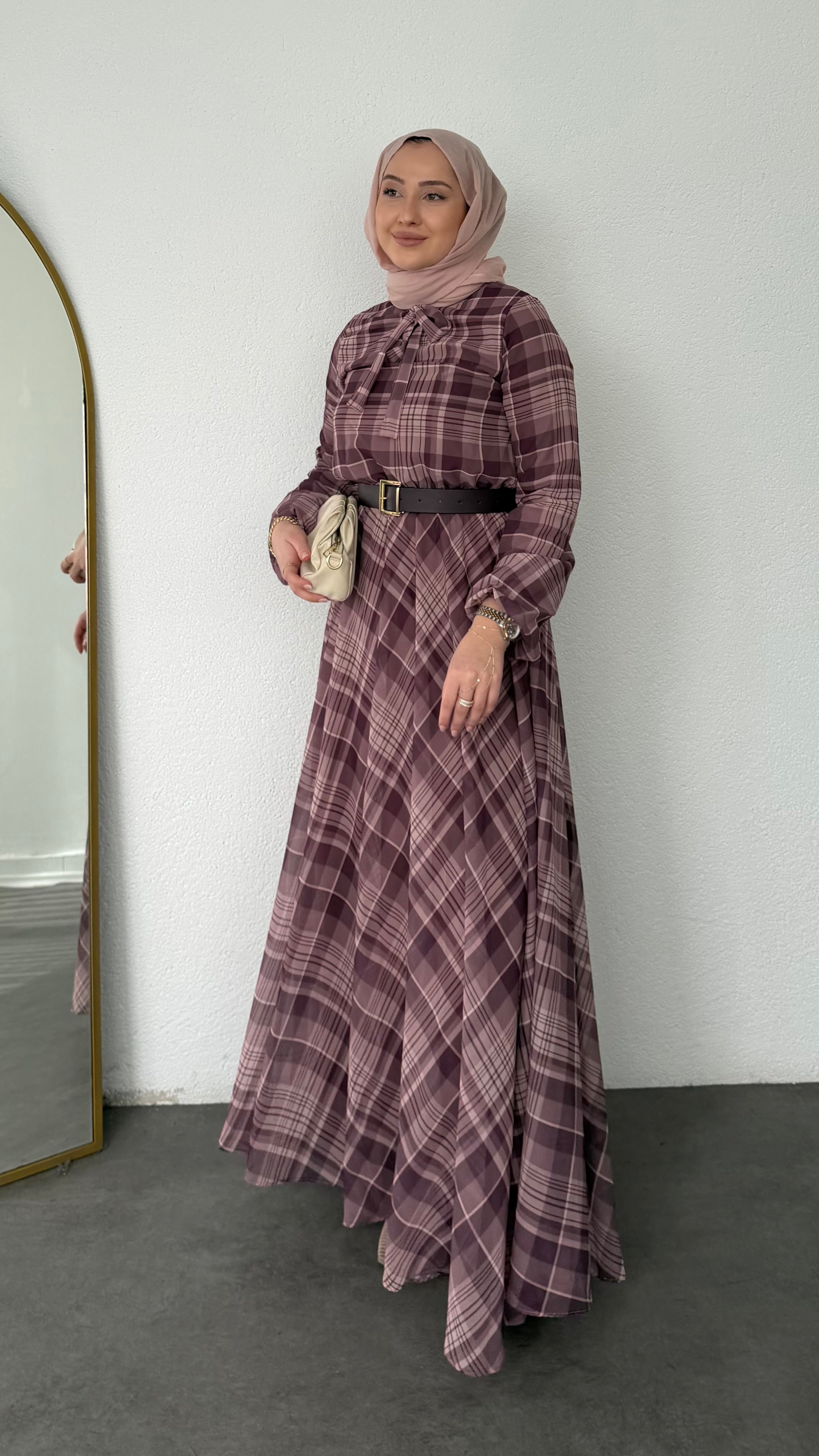 Ekose Desenli Şifon Elbise Bordo