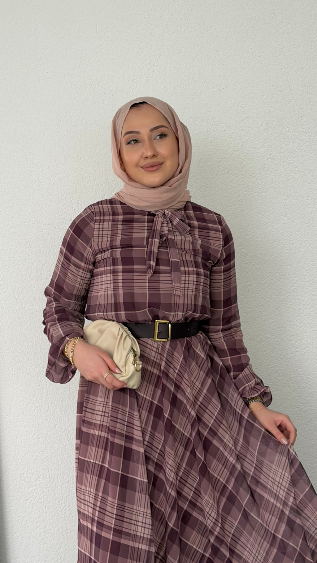 Ekose Desenli Şifon Elbise Bordo