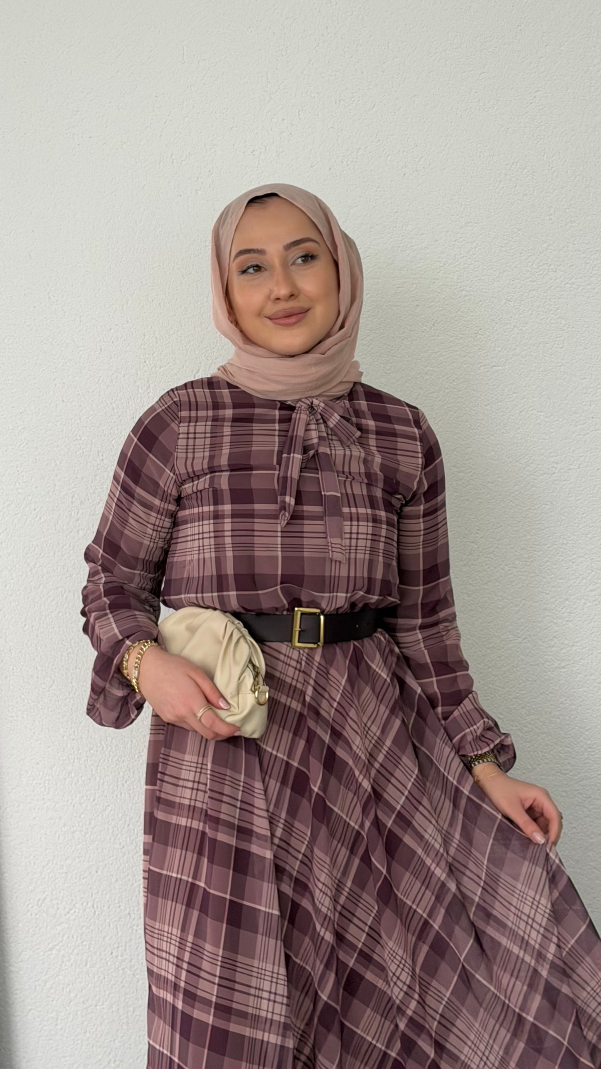 Ekose Desenli Şifon Elbise Bordo