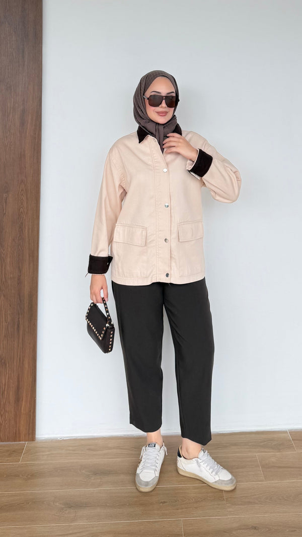 Lurex Garnili Çıtçıtlı Gabardin Ceket Bej