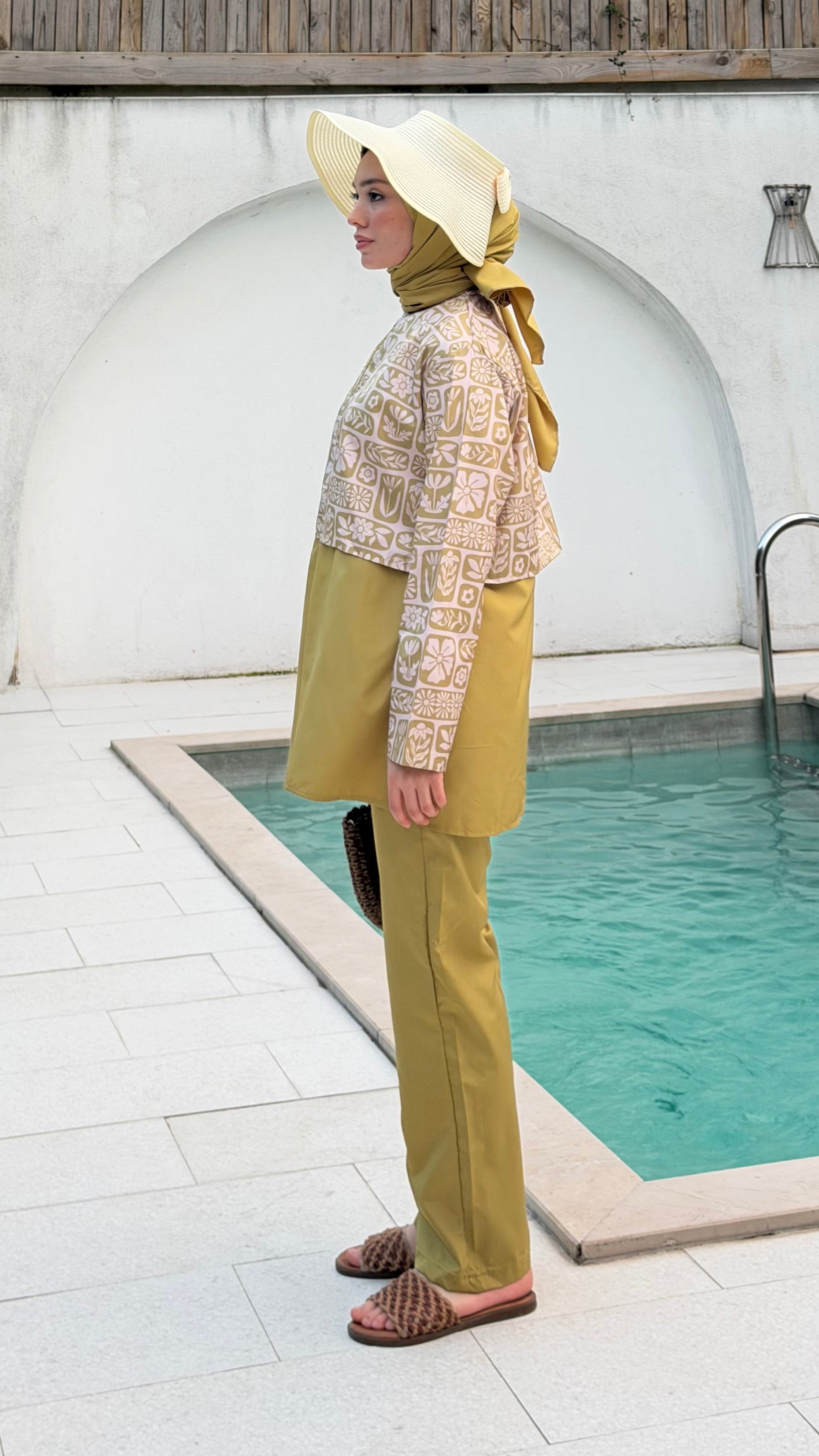 Doha Paraşüt Kumaş 3'lü Tam Kapalı Tesettür Mayo Yağ Yeşili Çiçek Desen