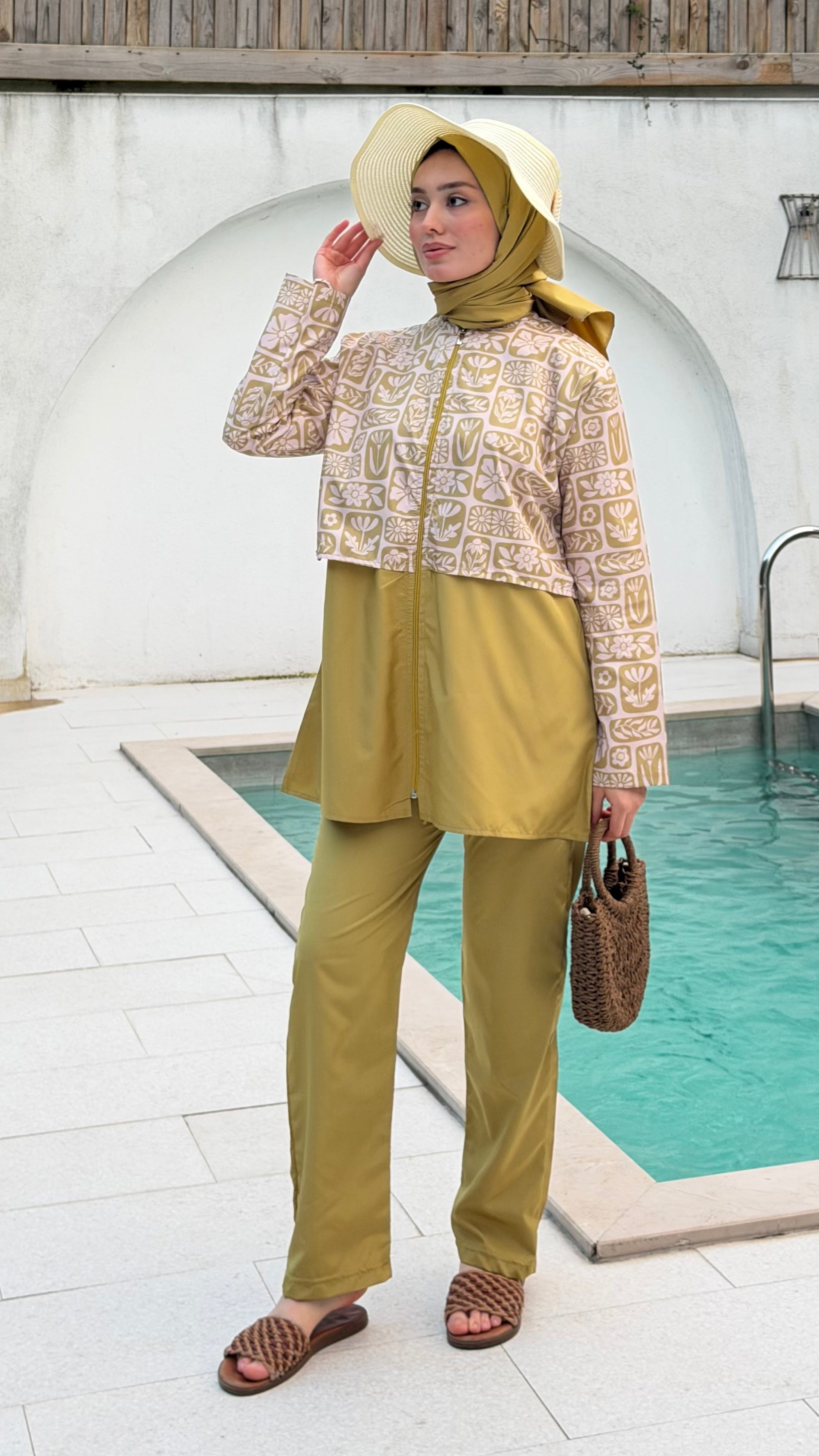 Doha Paraşüt Kumaş 3'lü Tam Kapalı Tesettür Mayo Yağ Yeşili Çiçek Desen