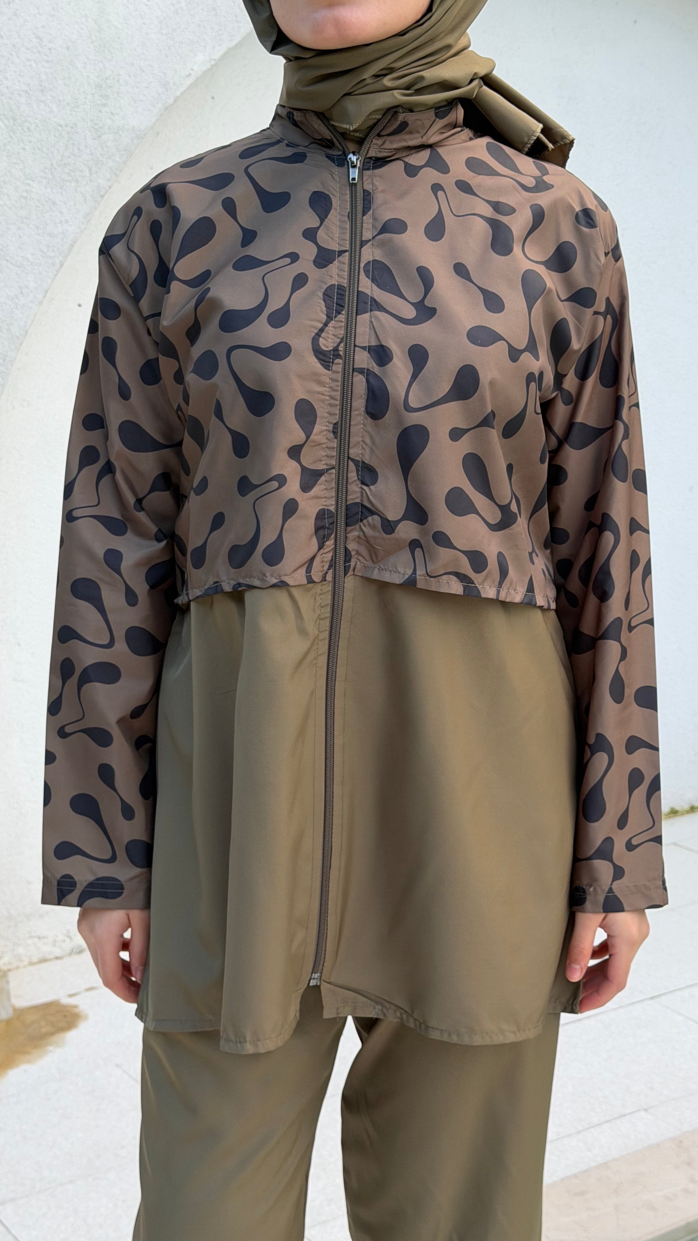 Doha Paraşüt Kumaş 3'lü Tam Kapalı Tesettür Mayo Haki Baskı Desen