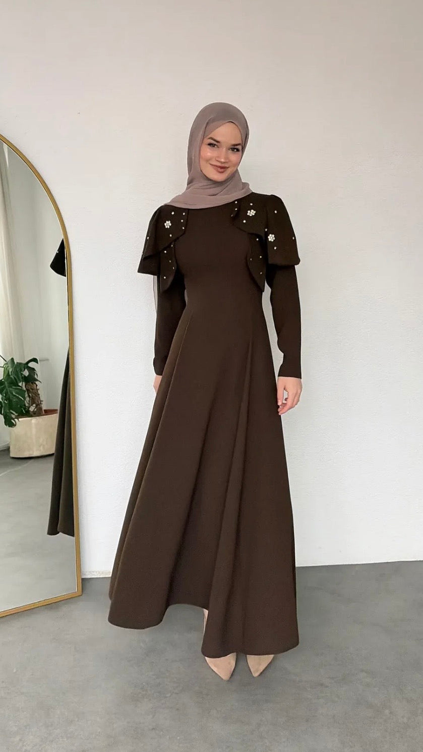 Katarina Omuzu Taşlı Abiye Acı Kahve