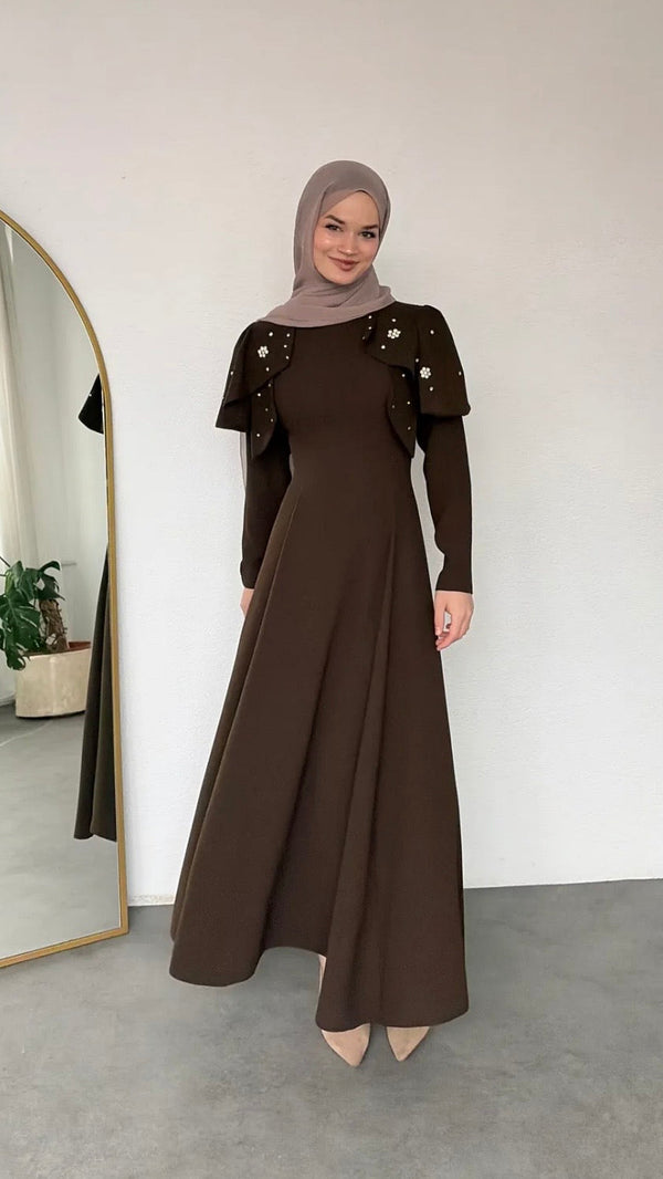 Katarina Omuzu Taşlı Abiye Acı Kahve