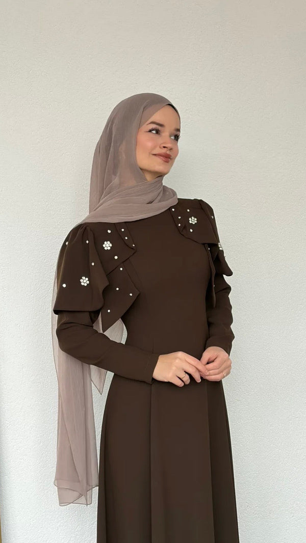 Katarina Omuzu Taşlı Abiye Acı Kahve
