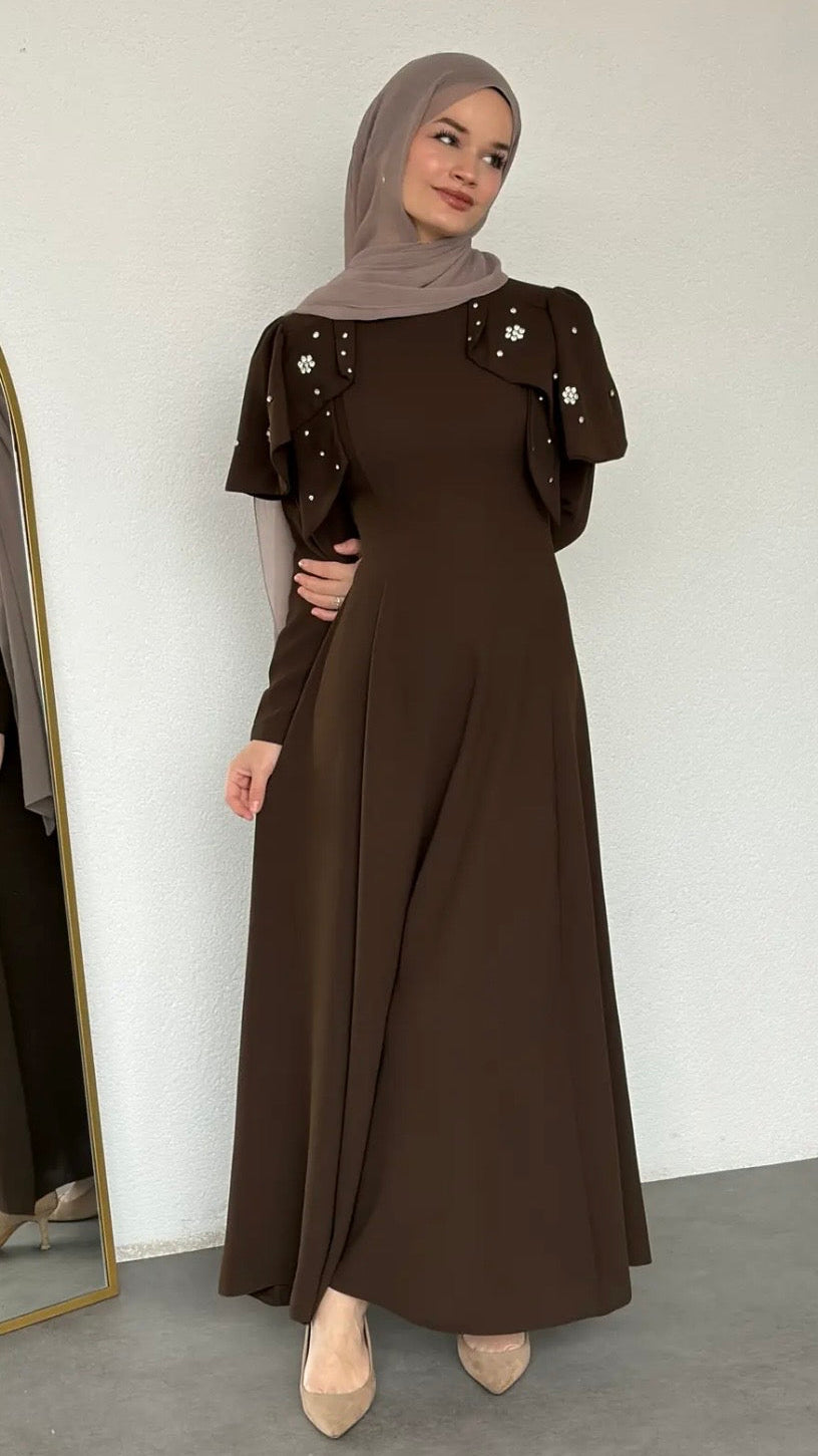 Katarina Omuzu Taşlı Abiye Acı Kahve(ön sipariş 27 nisan)