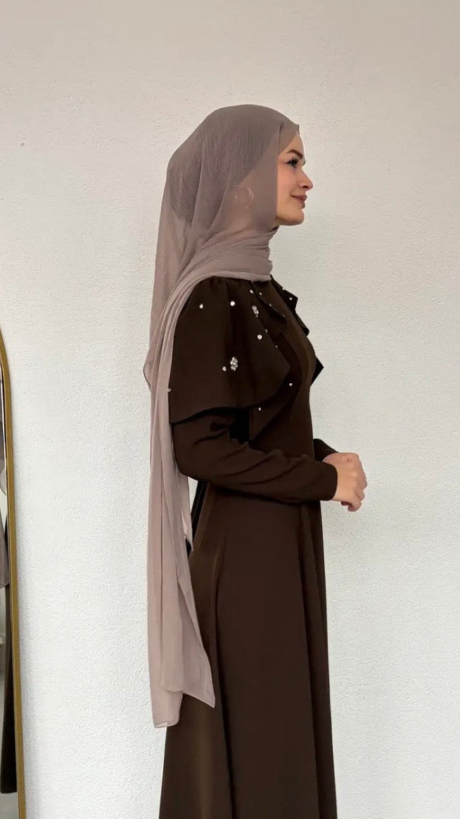 Katarina Omuzu Taşlı Abiye Acı Kahve(ön sipariş 27 nisan)