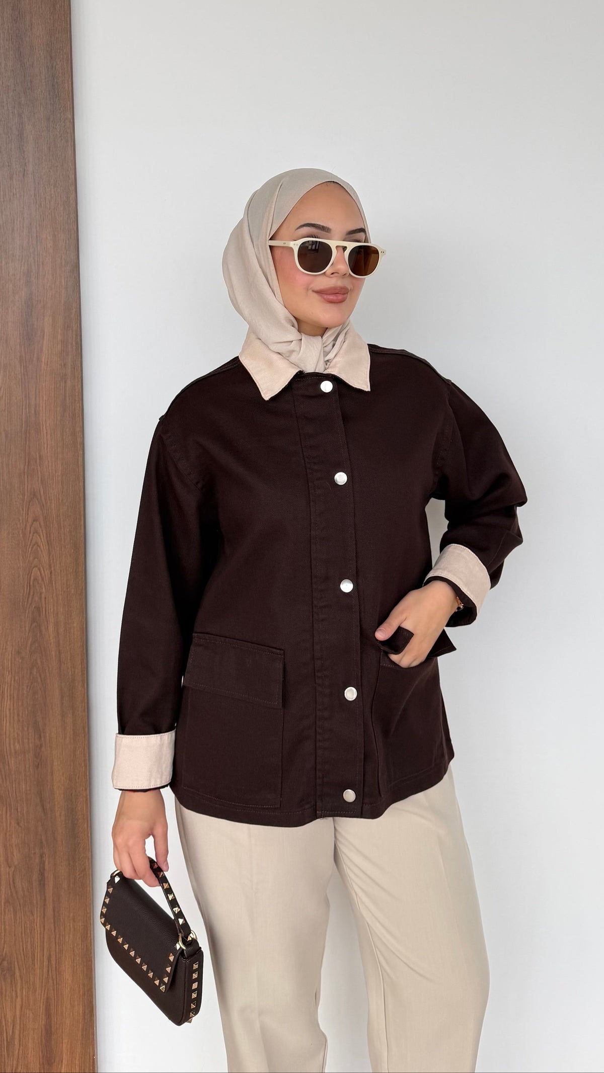 Lurex Garnili Çıtçıtlı Gabardin Ceket Kahverengi
