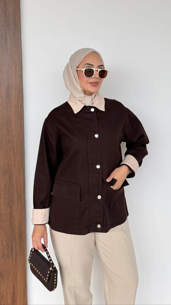 Lurex Garnili Çıtçıtlı Gabardin Ceket Kahverengi