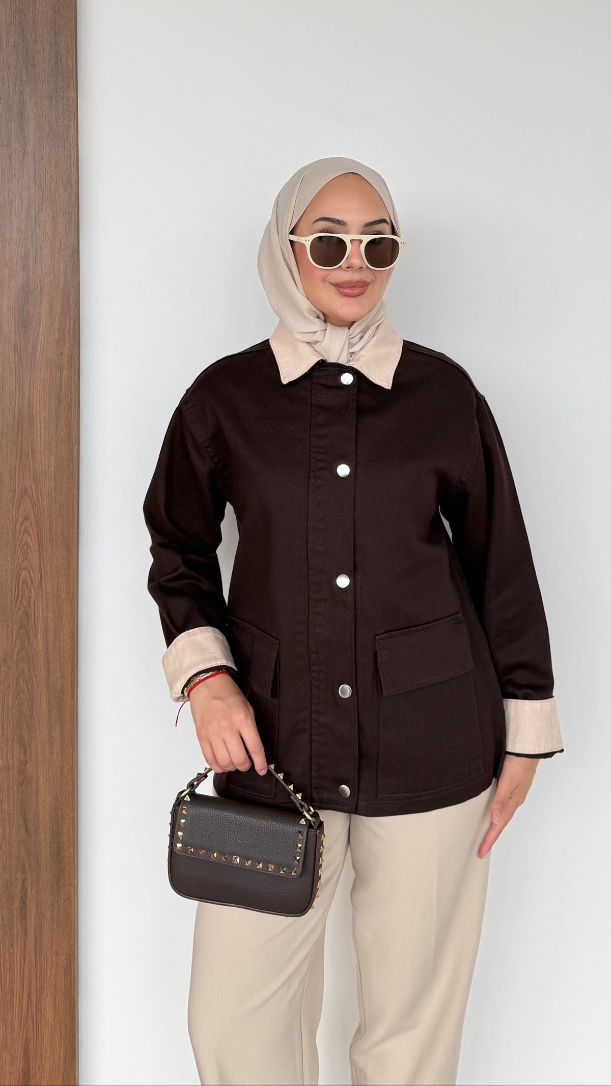 Lurex Garnili Çıtçıtlı Gabardin Ceket Kahverengi