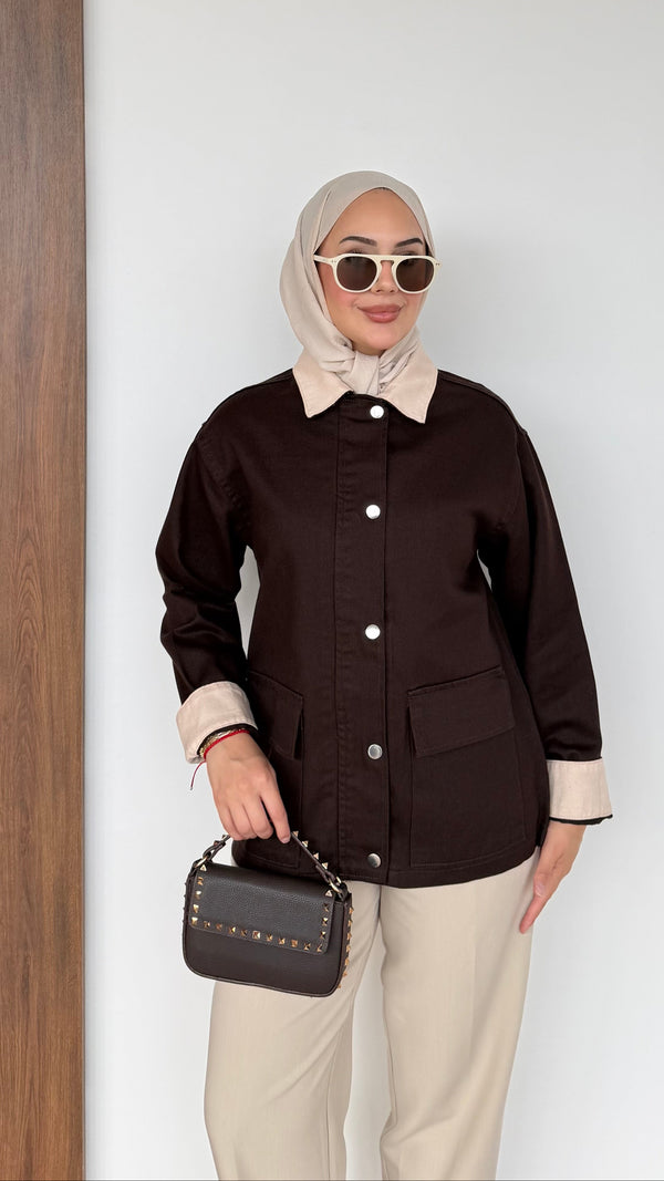 Lurex Garnili Çıtçıtlı Gabardin Ceket Kahverengi