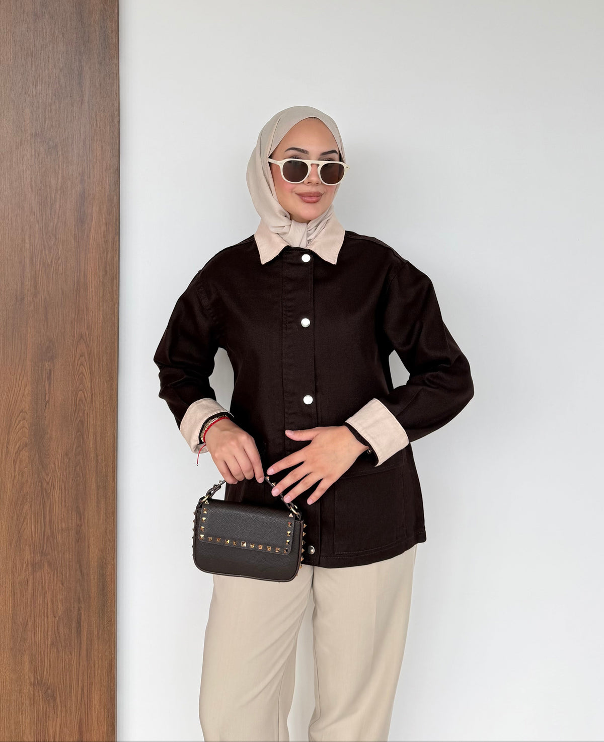 Lurex Garnili Çıtçıtlı Gabardin Ceket Kahverengi