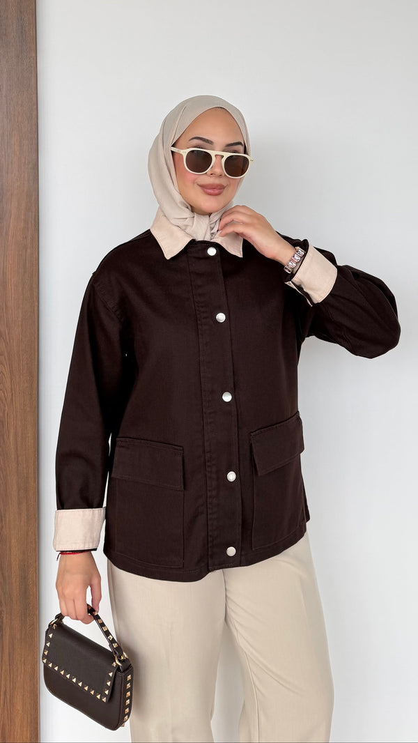 Lurex Garnili Çıtçıtlı Gabardin Ceket Kahverengi