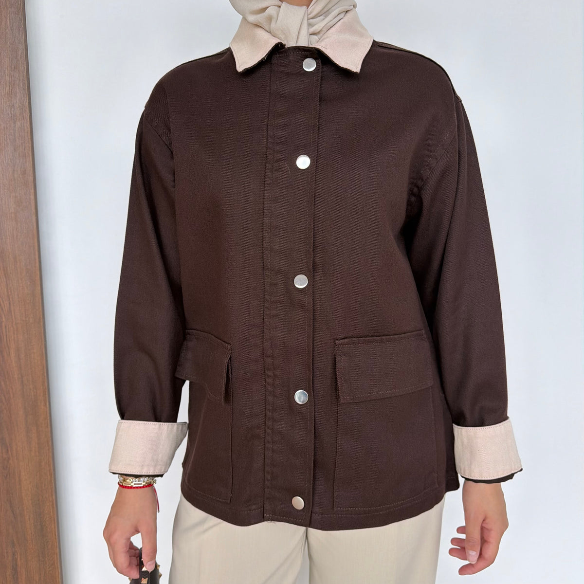 Lurex Garnili Çıtçıtlı Gabardin Ceket Kahverengi