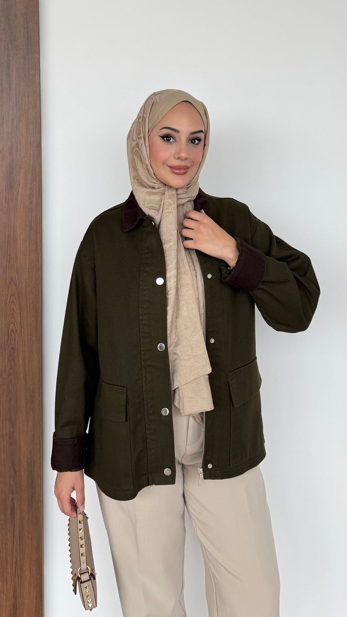 Lurex Garnili Çıtçıtlı Gabardin Ceket Haki
