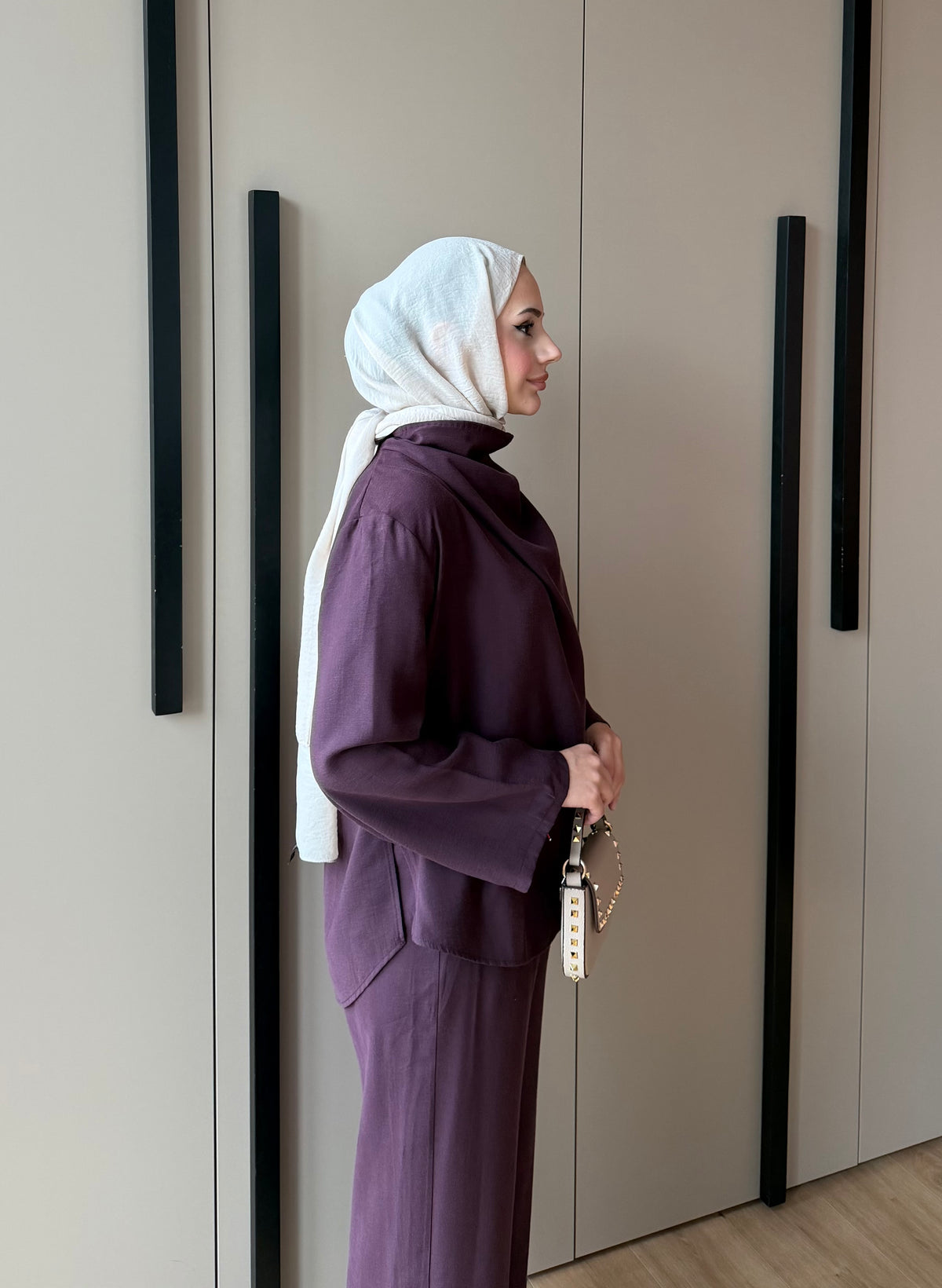 Dik Yaka Modal Kumaş İkili Takım Mürdüm