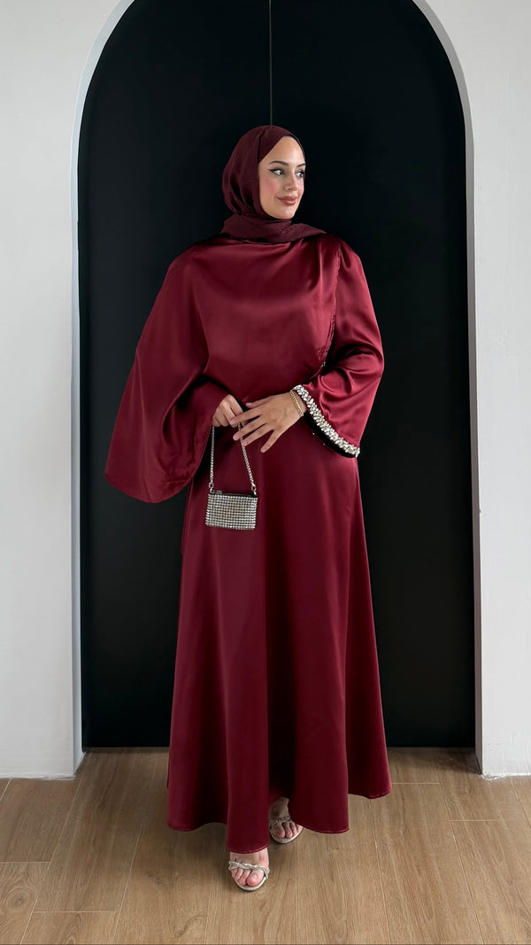 Swan Saten Elbise Bordo