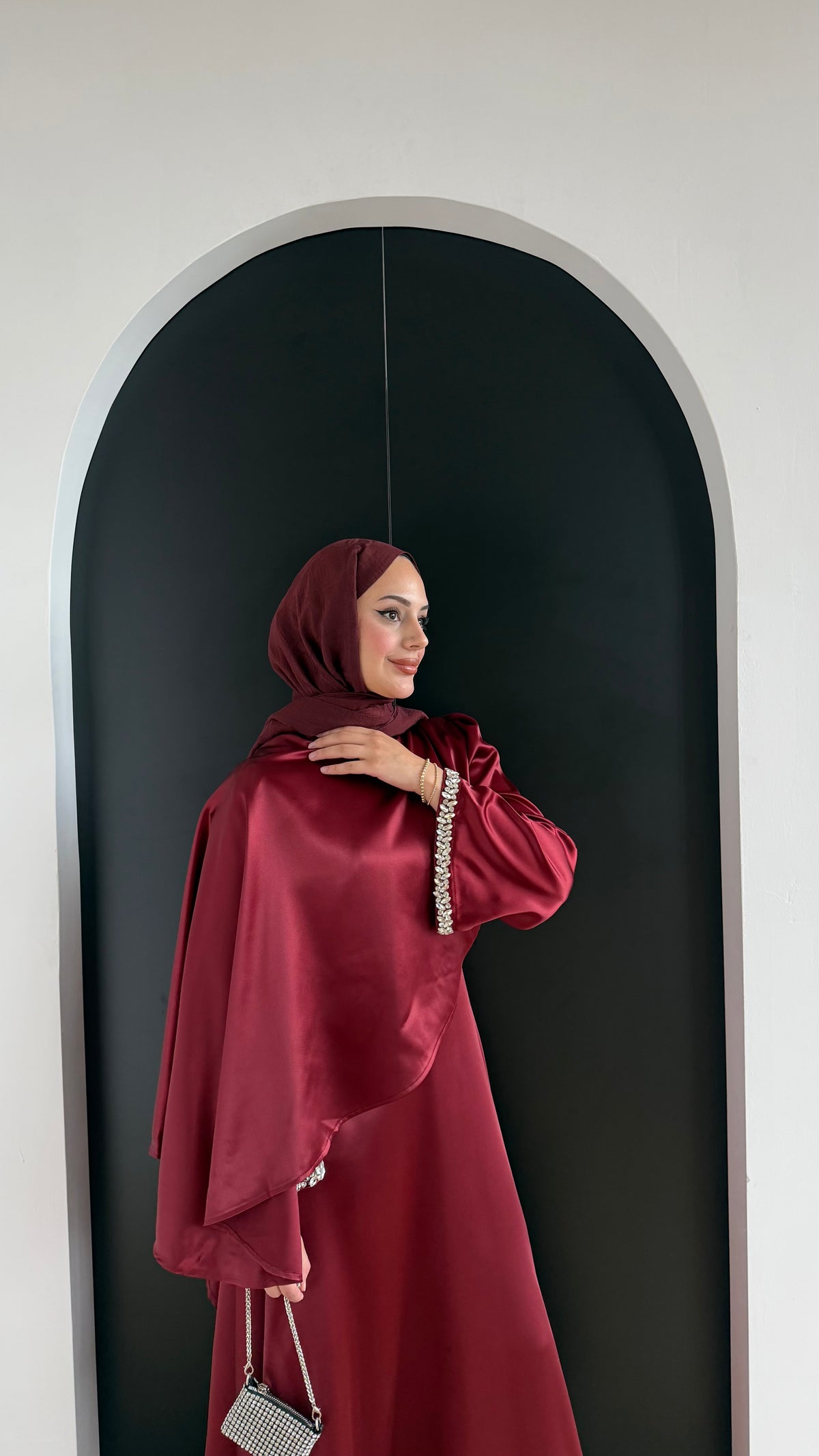 Swan Saten Elbise Bordo