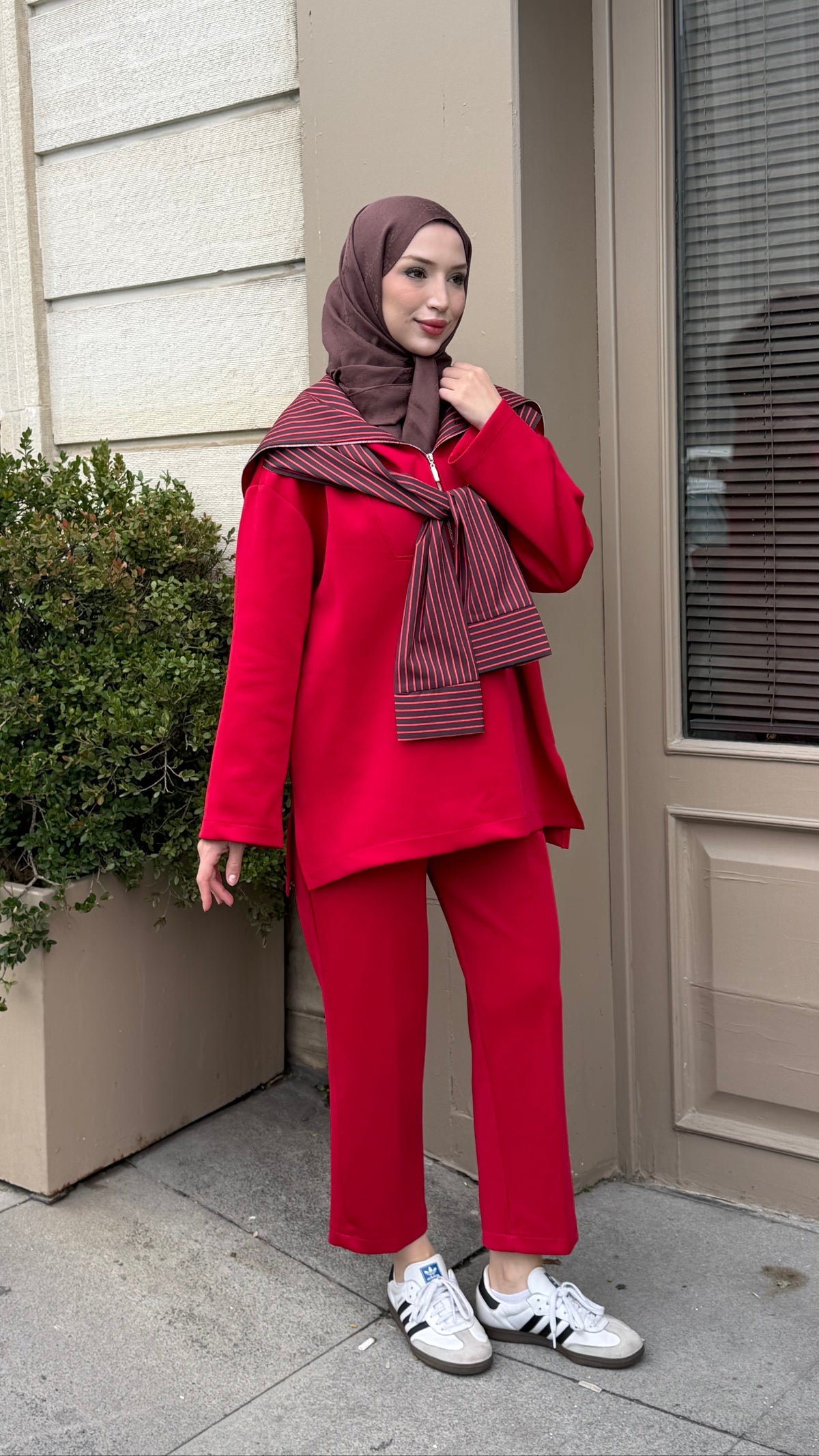 Verona Çizgili Şal Detaylı İkili Takım Kırmızı