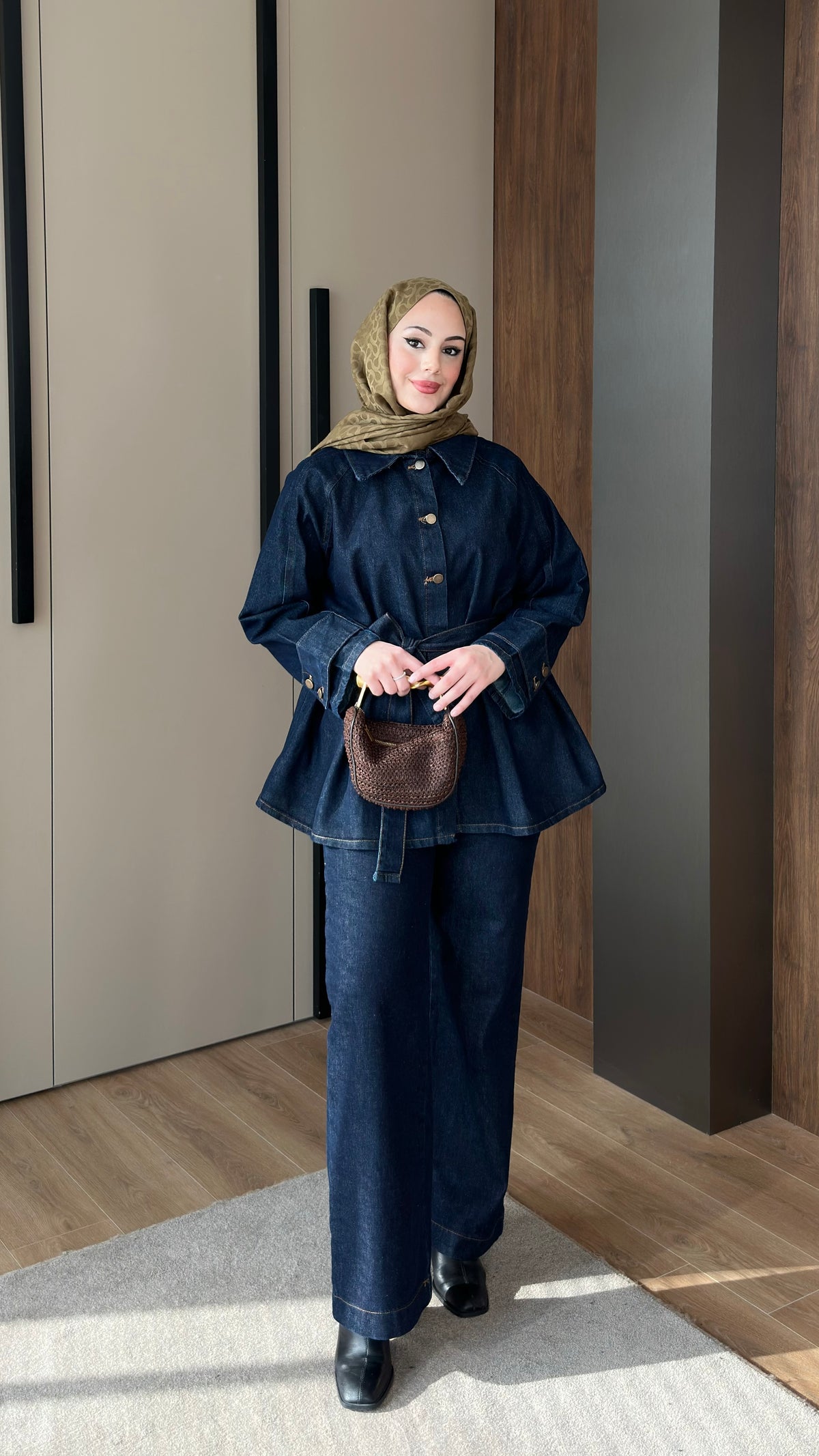 Alina Kolları Düğmeli Kot Takım Lacivert