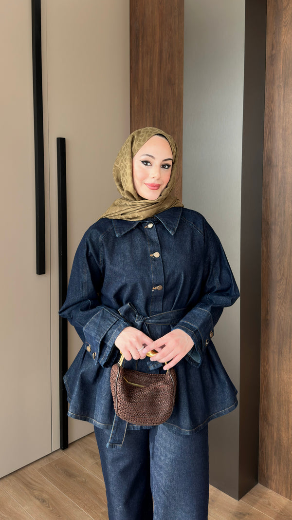 Alina Kolları Düğmeli Kot Takım Lacivert