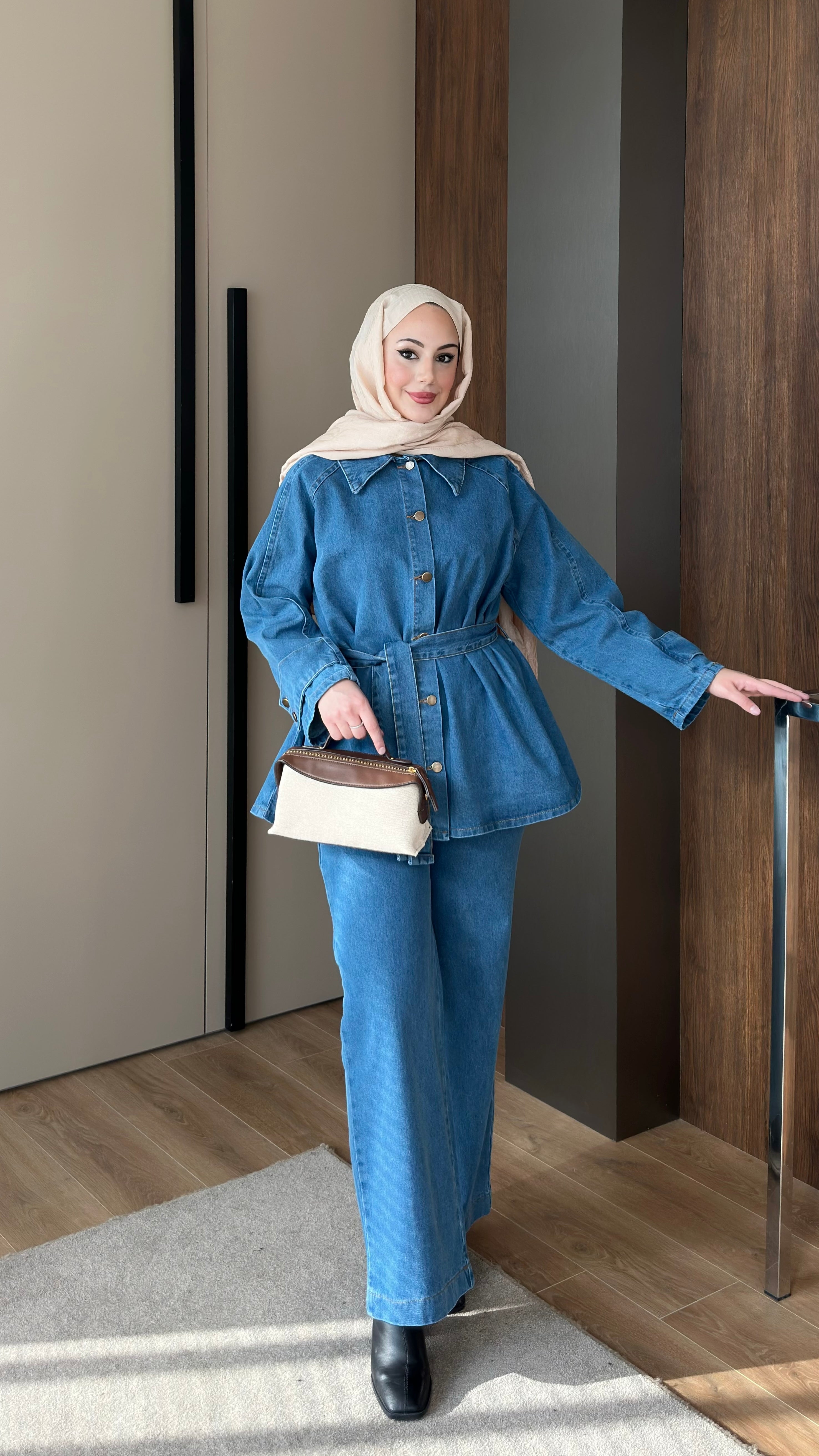 Alina Kolları Düğmeli Kot Takım Buz Mavii