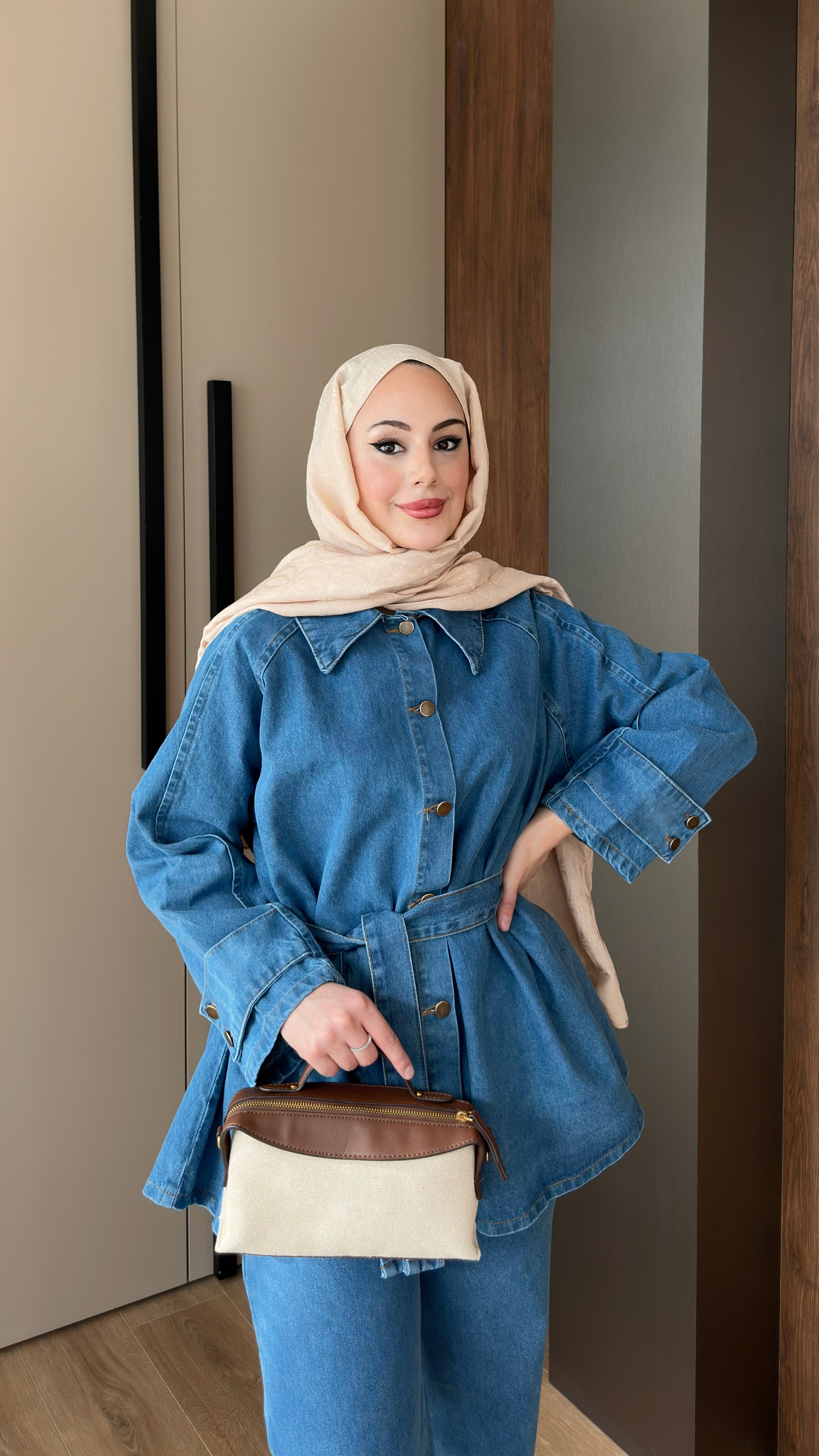 Alina Kolları Düğmeli Kot Takım Buz Mavii