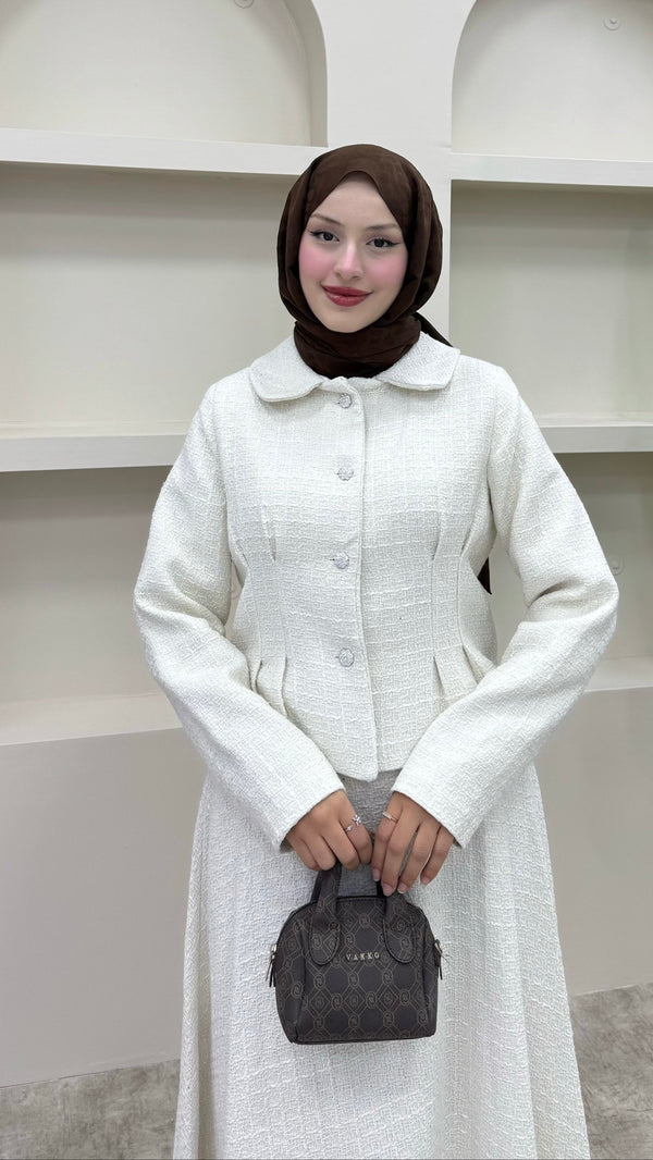 Shanel Kumaş Etekli Takım Beyaz