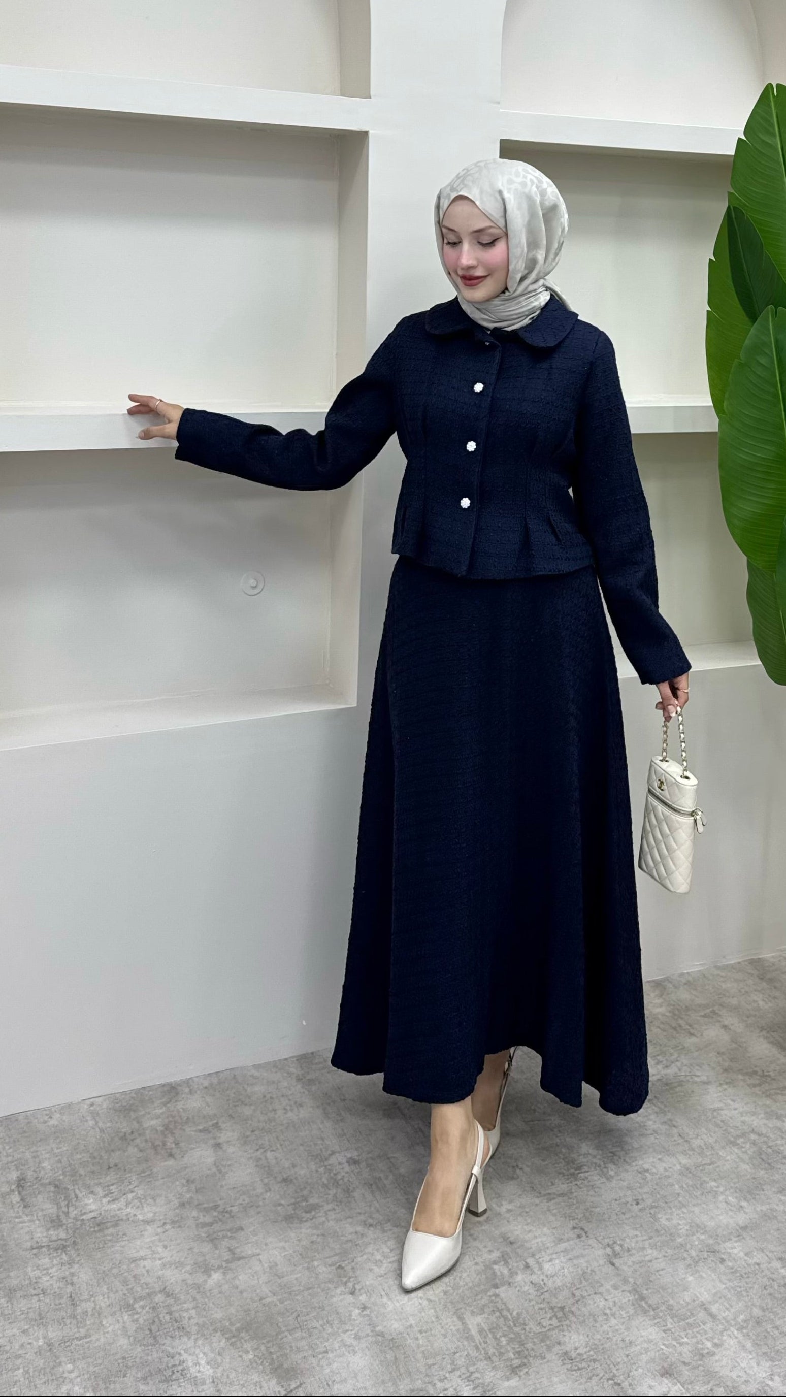 Shanel Kumaş Etekli Takım Lacivert