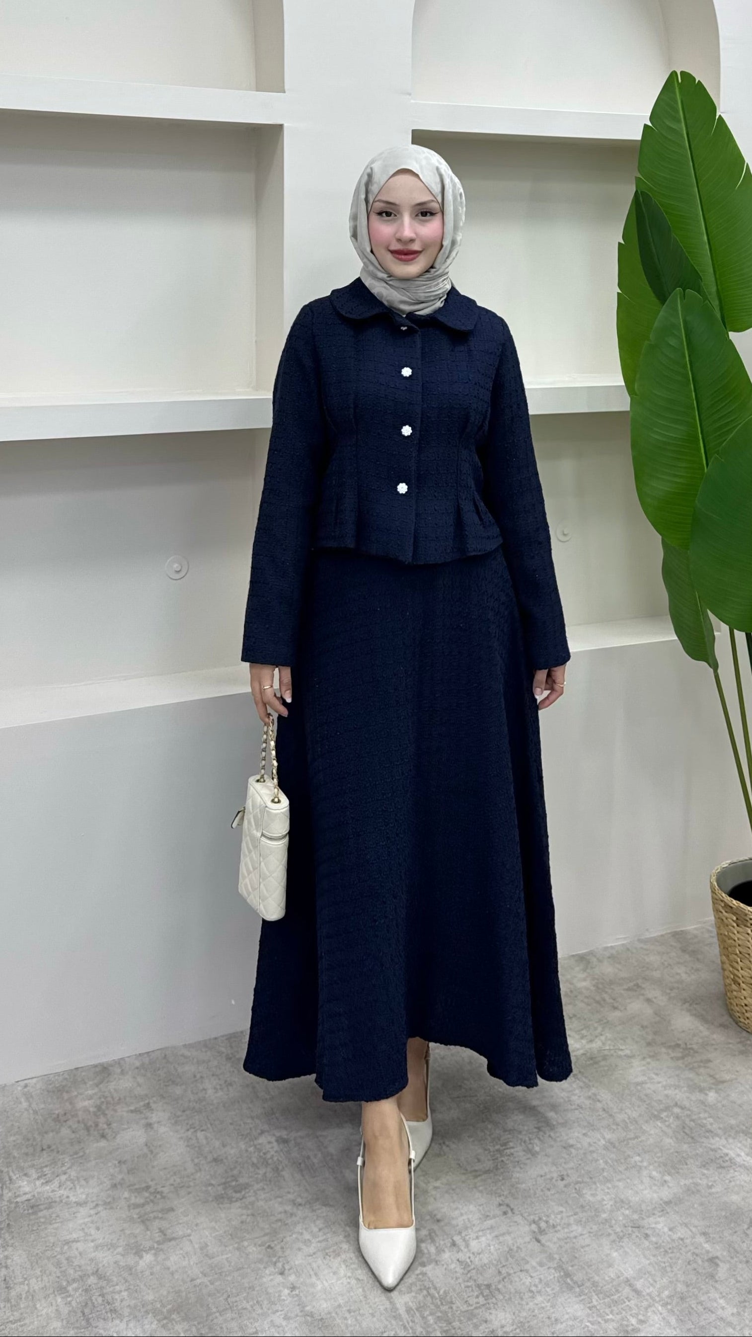 Shanel Kumaş Etekli Takım Lacivert